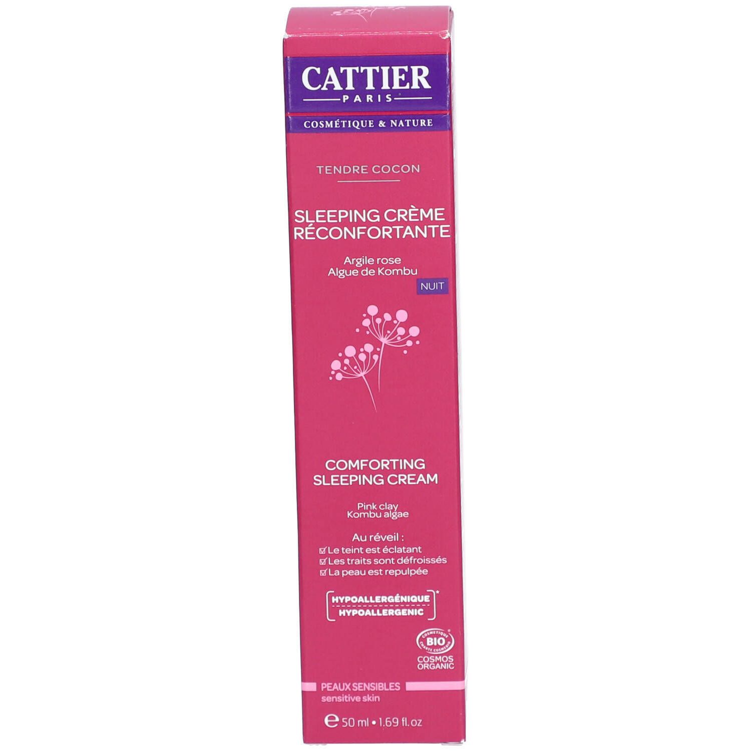 Emballage Cattier Sleeping Crème. Emballage rose. Texte: Sleeping Crème Réconfortante. Certification bio.