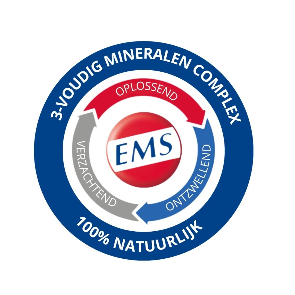 Blauw logo met rode cirkel en witte tekst: 3-voudig Mineralen Complex, 100% Natuurlijk. EMS-logo.