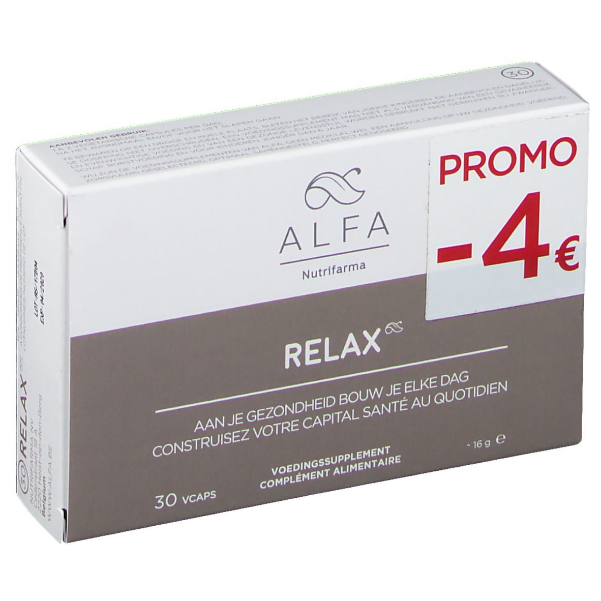 Alfa Relax doos met 'Promo -4€'. Bevat 30 capsules. Tekst in het Nederlands en Frans. Voedingssupplement.