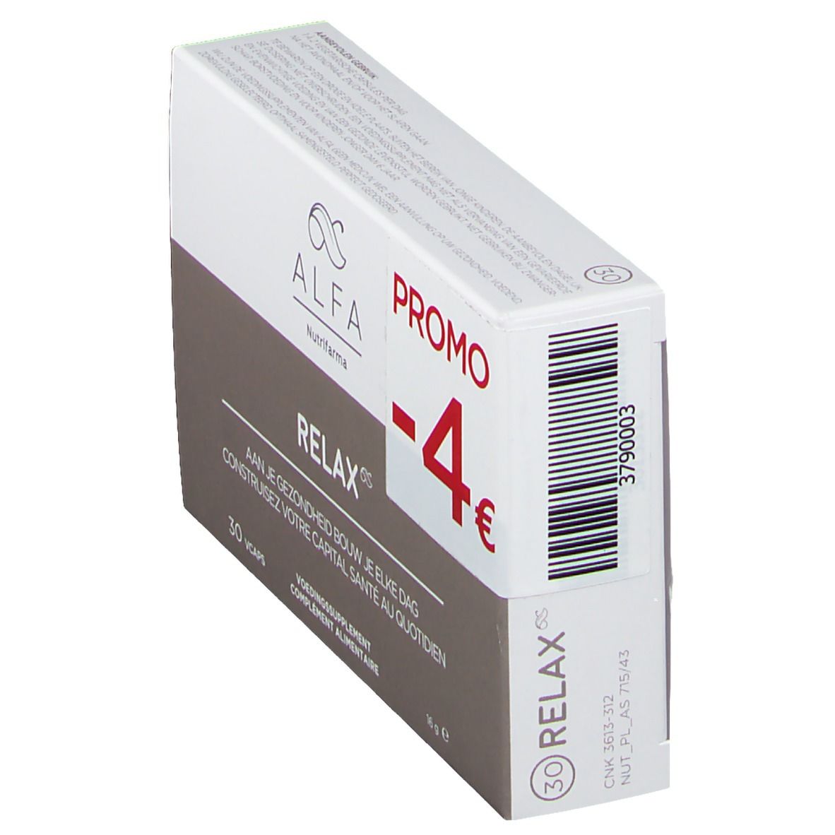 Alfa Relax doos, 'Promo -4€'. Bevat 30 capsules. Barcode en tekst. Wit, grijs en bruin. Voedingssupplement.