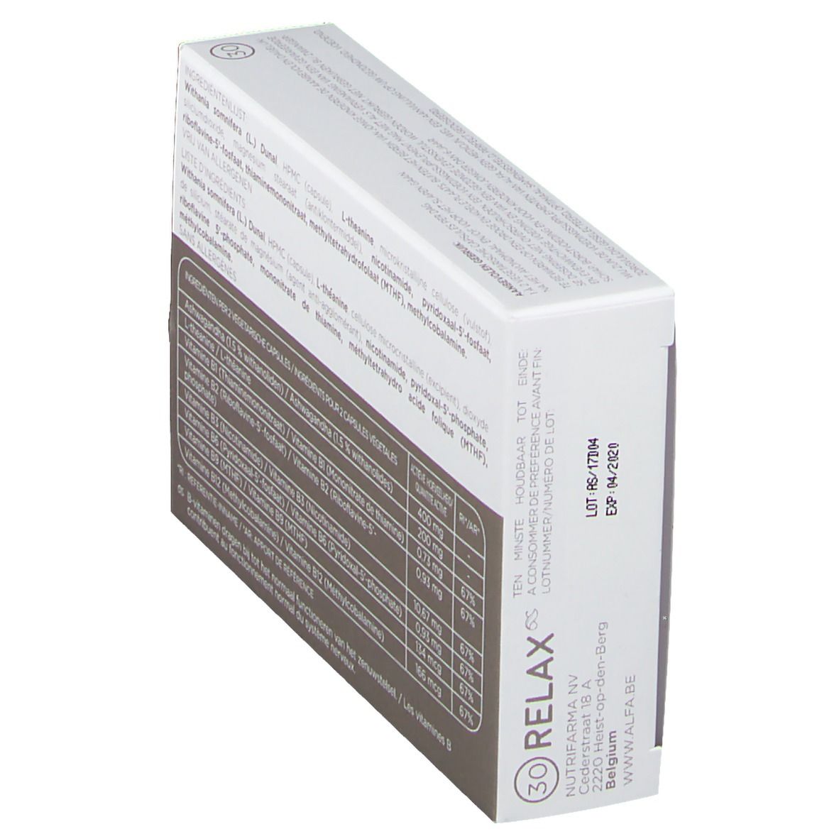 Achterkant Alfa Relax doos. Ingrediëntenlijst en voedingswaarde. Tekst in meerdere talen. Houdbaarheidsdatum.