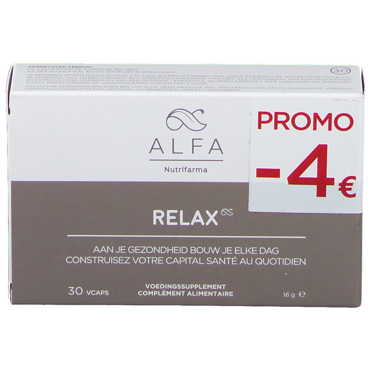 Alfa Relax doos met 'Promo -4€'. Bevat 30 capsules. Tekst in het Nederlands en Frans. Voedingssupplement.