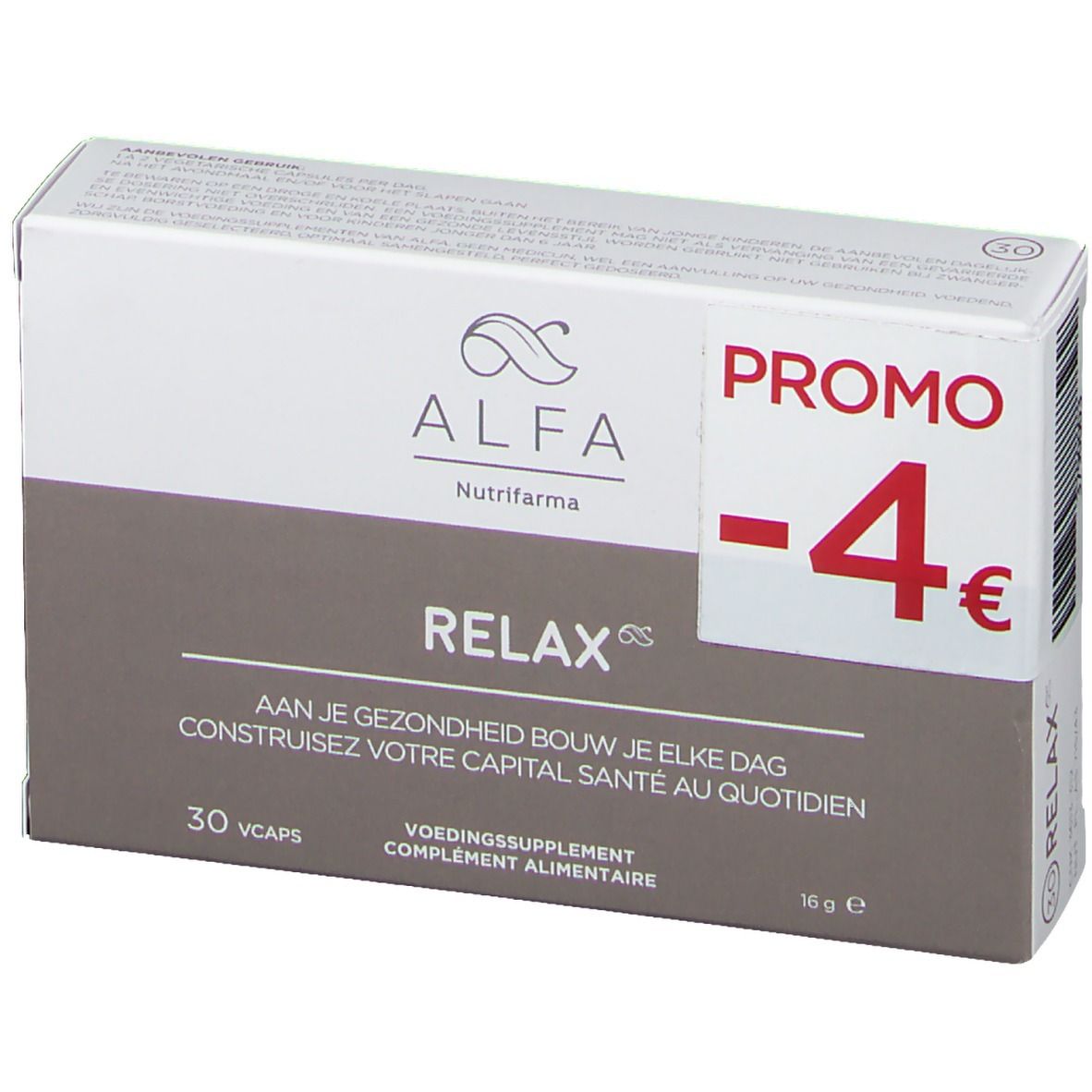 Alfa Relax doos met 'Promo -4€'. Bevat 30 capsules. Tekst in het Nederlands en Frans. Voedingssupplement.