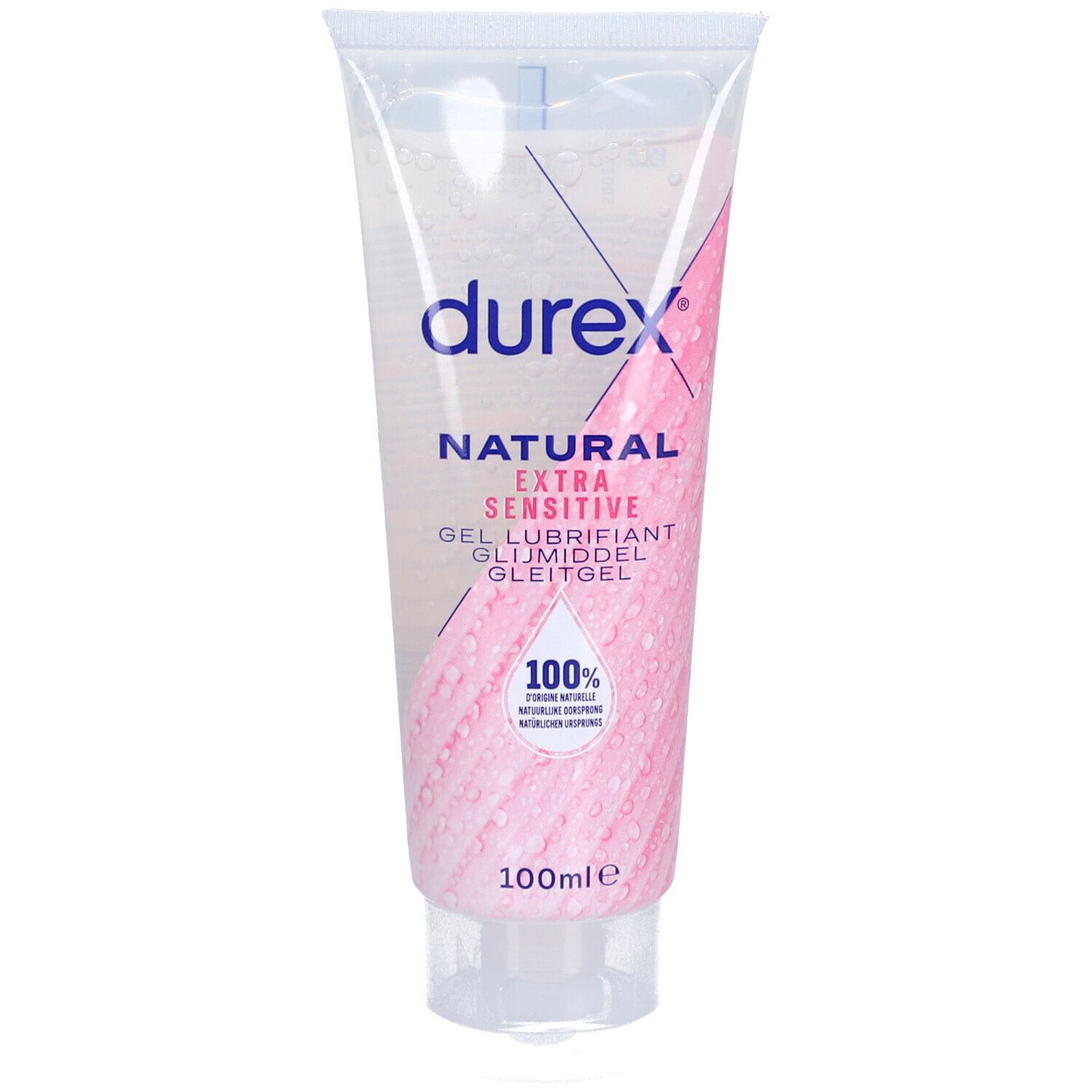 Gel transparent en tube. Inscription: durex NATURAL Extra Sensitive. Accents roses. Ingrédients 100% naturels. 100ml.