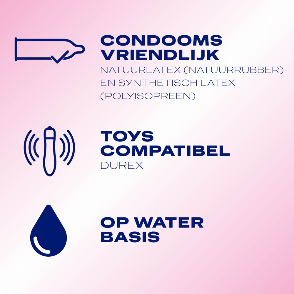 Afbeelding met symbolen: condooms vriendelijk, speelgoed compatibel, op waterbasis.
