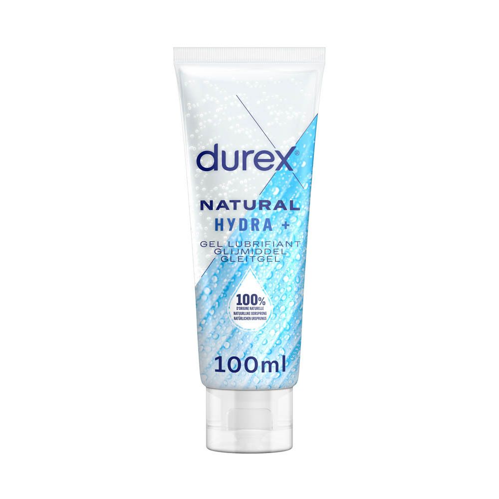 Tube de gel lubrifiant Durex Natural Hydra+ 100ml. Gel transparent. Marque et nom du produit visibles.
