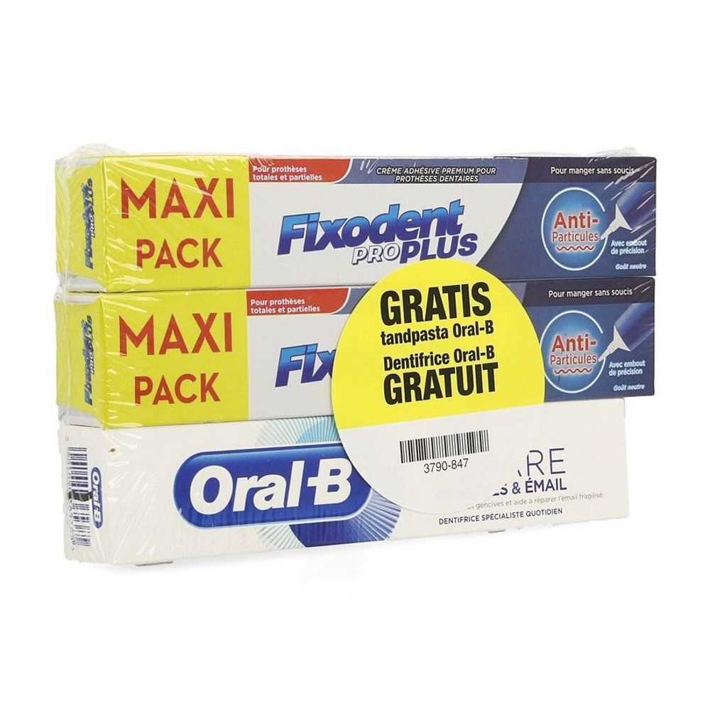 Pack de Fixodent Pro Plus et dentifrice Oral-B. Deux tubes Fixodent et un tube Oral-B, avec autocollant "GRATUIT".
