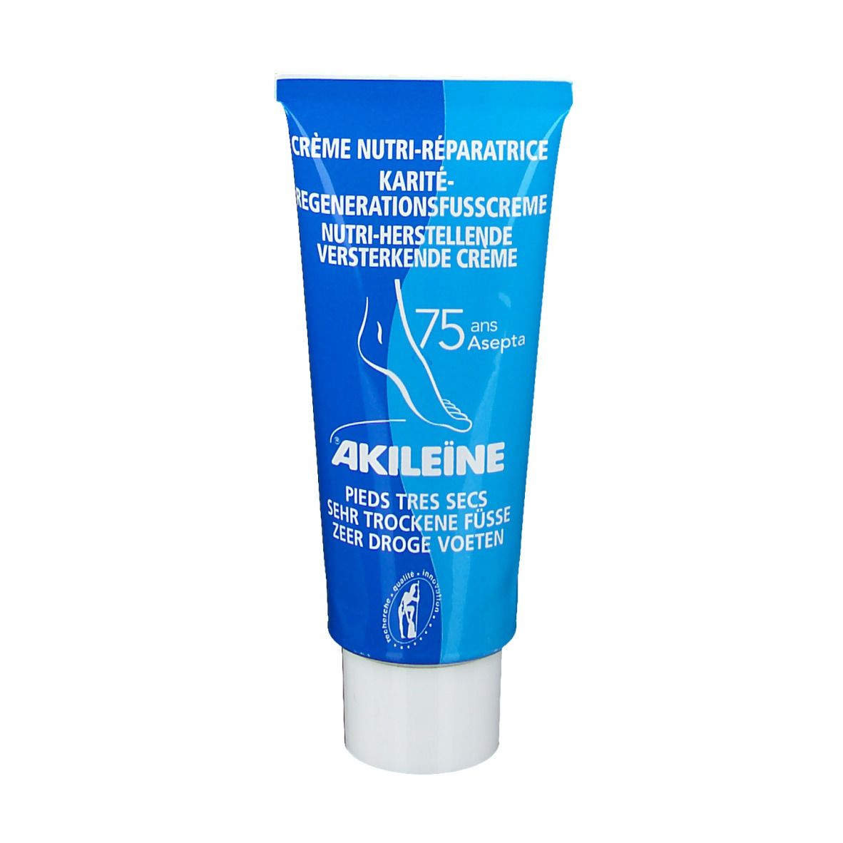Blauwe tube met witte dop. Tekst: Crème Nutri-Réparatrice, Akileine, pieds très secs, 75 ans Asepta.