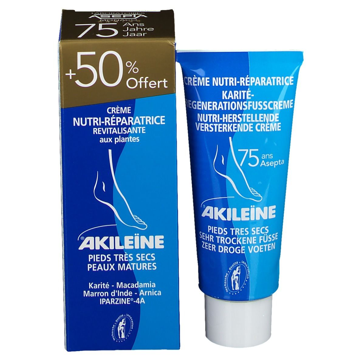 Productverpakking met tube en doos. Doos: Crème Nutri-Réparatrice, +50% Offert, Akileine, pieds très secs.