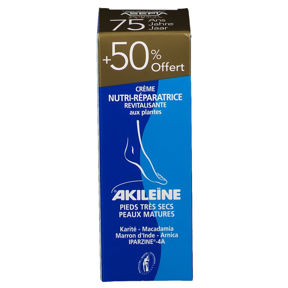 Productverpakking. Doos: Crème Nutri-Réparatrice, +50% Offert, Akileine, pieds très secs, peaux matures.