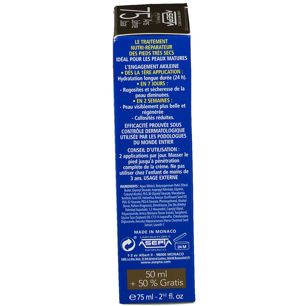 Achterkant van de doos. Tekst: Le traitement nutri-réparateur, idéal pour les pieds très secs, 50 ml + 50 % Gratis, Asepta.