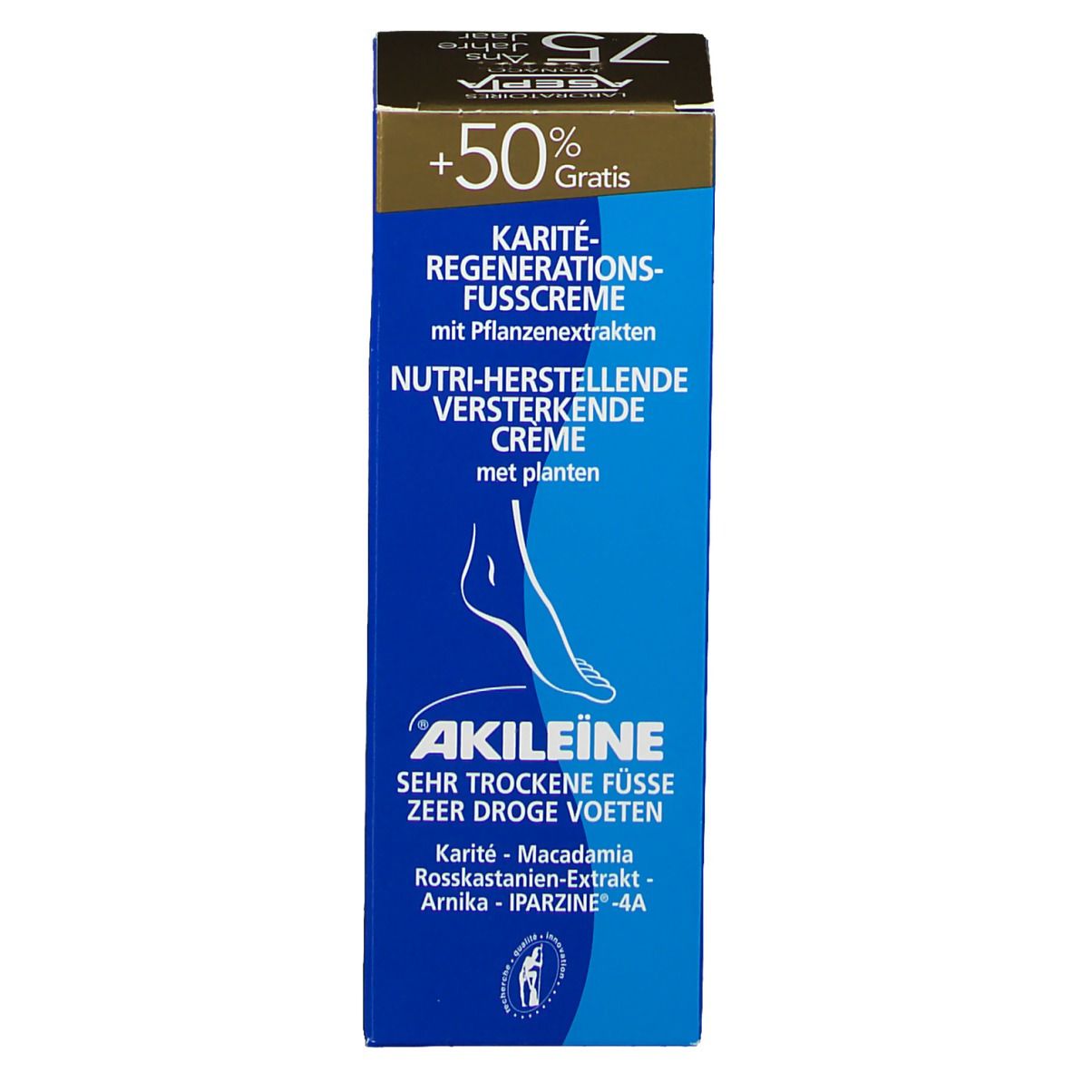 Productverpakking. Doos: Karité-Regenerations-Fusscreme, +50% Gratis, Akileine, sehr trockene Füsse.