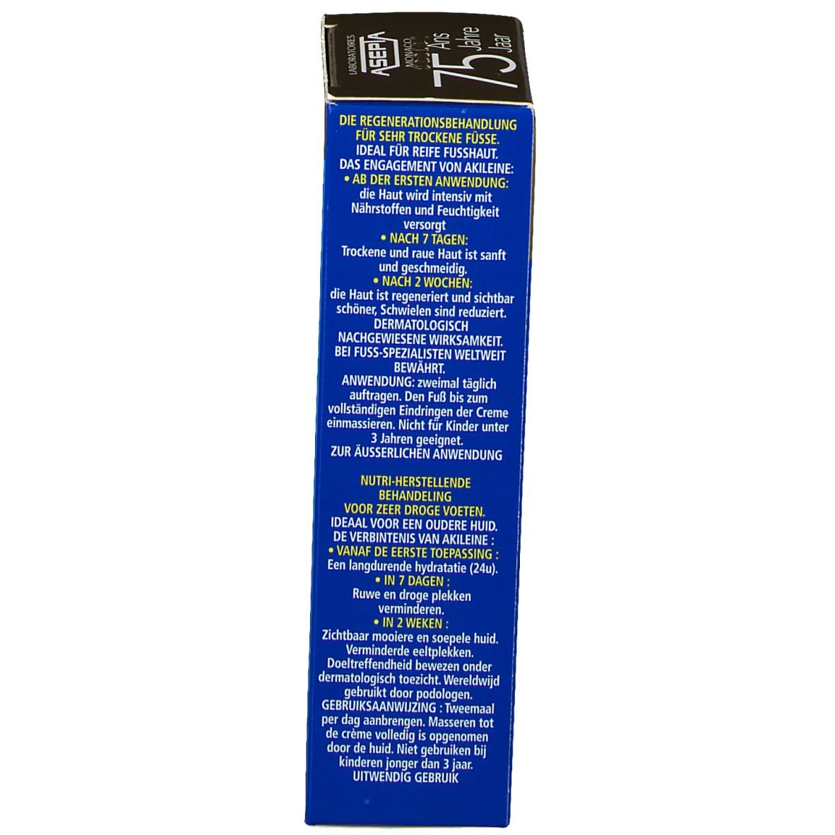 Achterkant van de doos. Tekst: Die Regenerationsbehandlung für sehr trockene Füsse, Asepta, 75 ans.