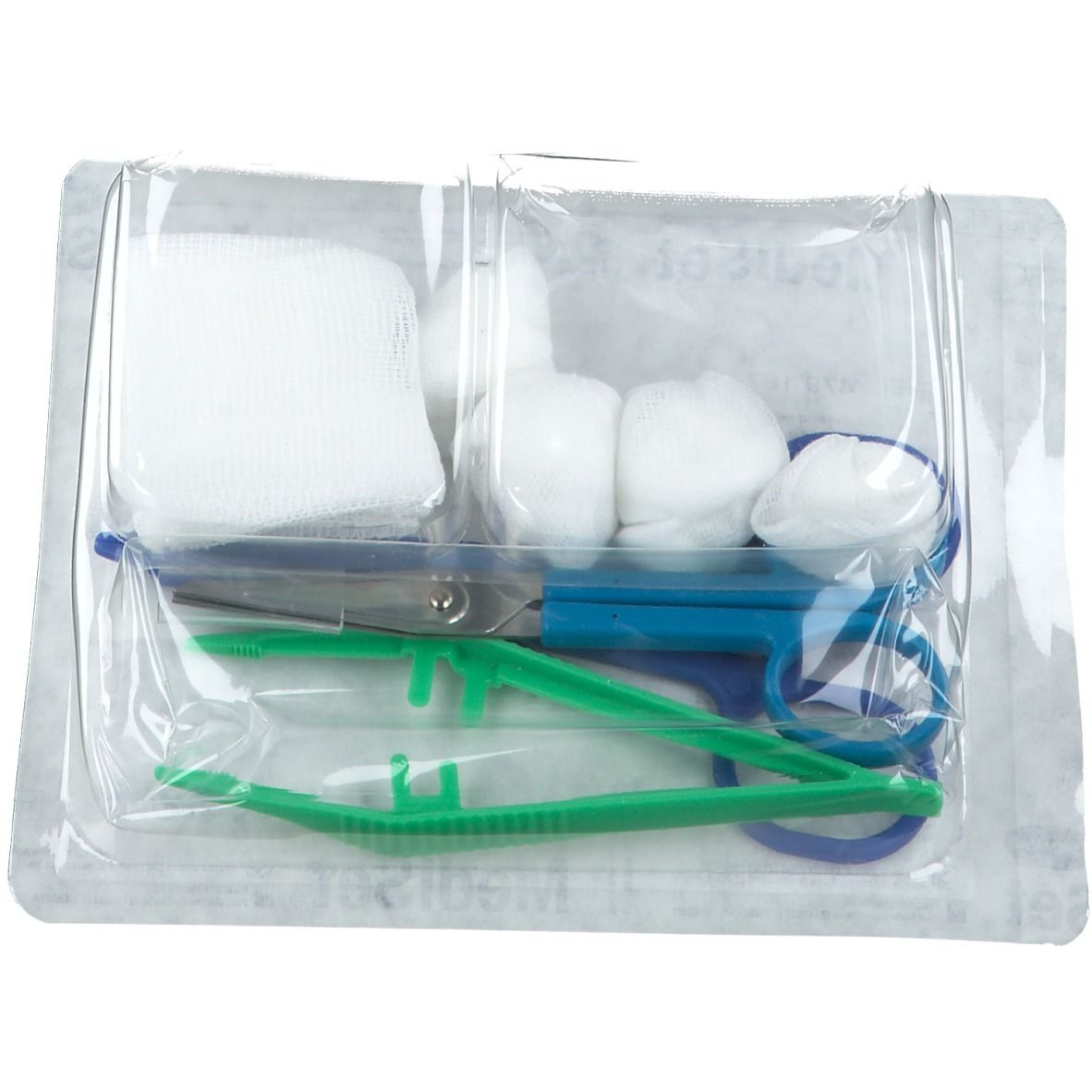 Verpakte medische instrumenten. Bevatten gaasjes, wattenbolletjes, schaar en pincet. In transparante plastic verpakking.