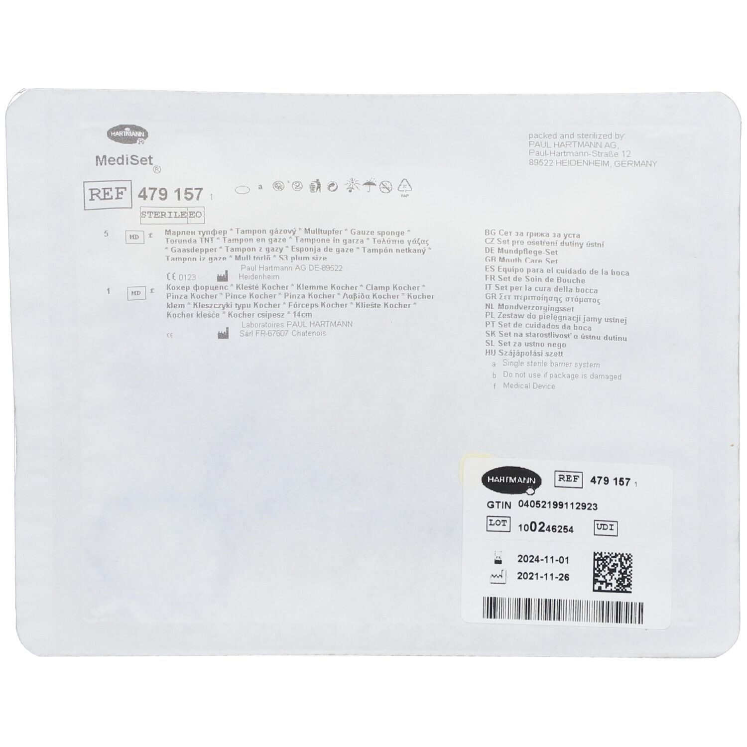 Dos de l'emballage avec informations produit et numéro de lot. Stérile.