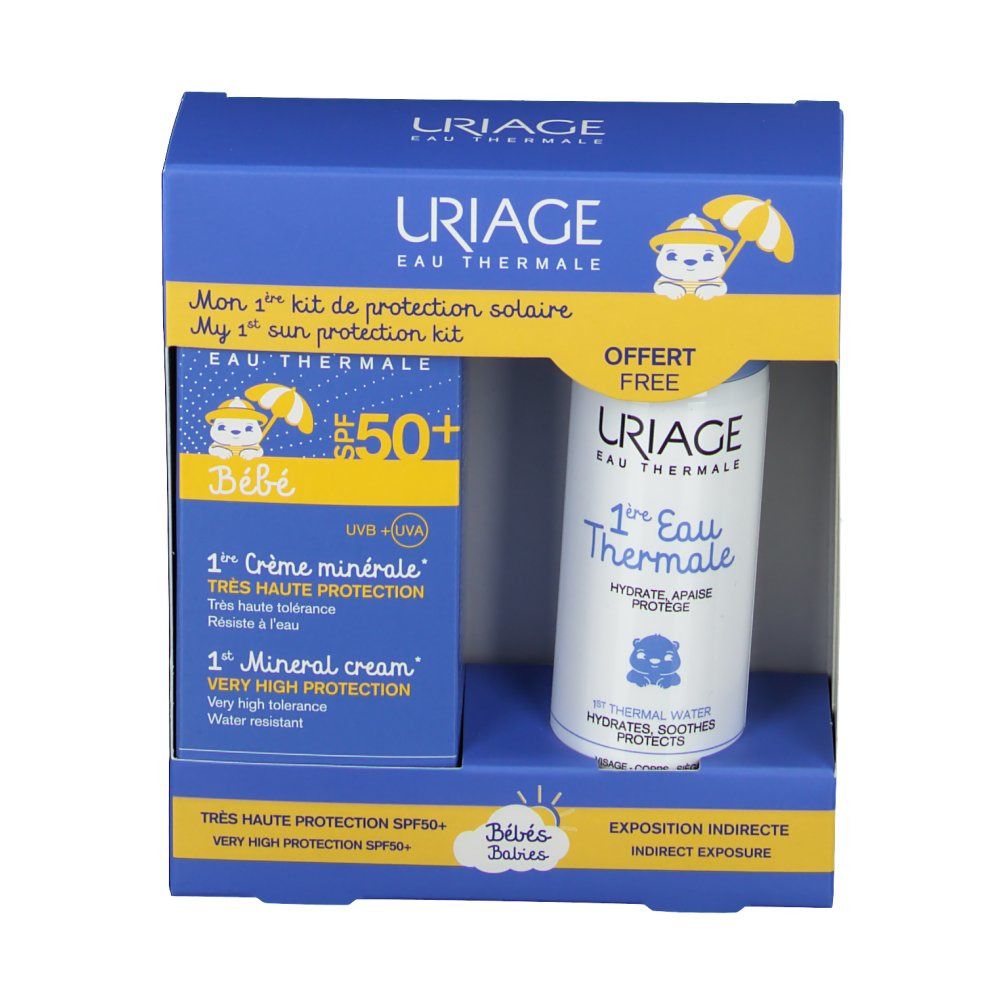 Coffret cadeau avec crème solaire SPF50+ et eau thermale. Emballage bleu avec nom et logo du produit. Autocollant "Gratuit".