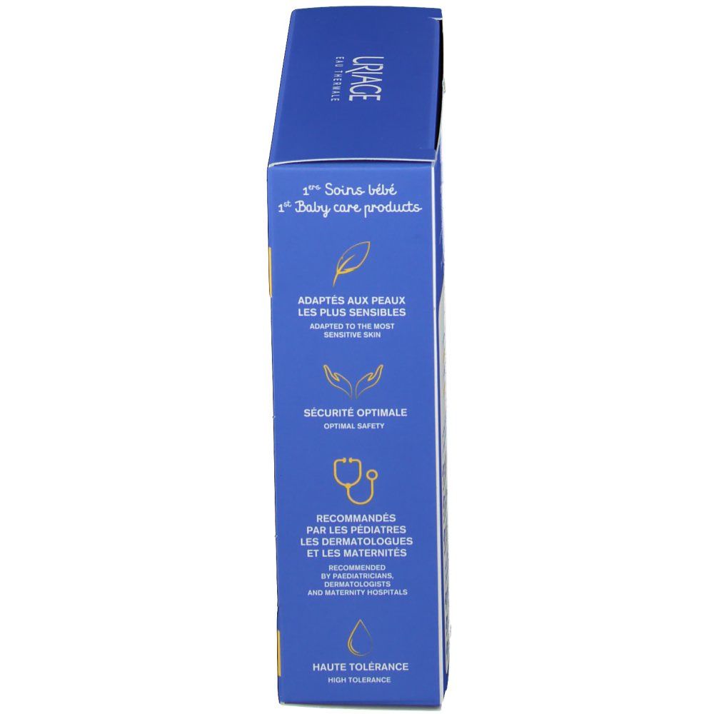 Emballage bleu avec texte : "Baby Care Products", "Sécurité optimale", "Haute tolérance". Logo et nom du produit.