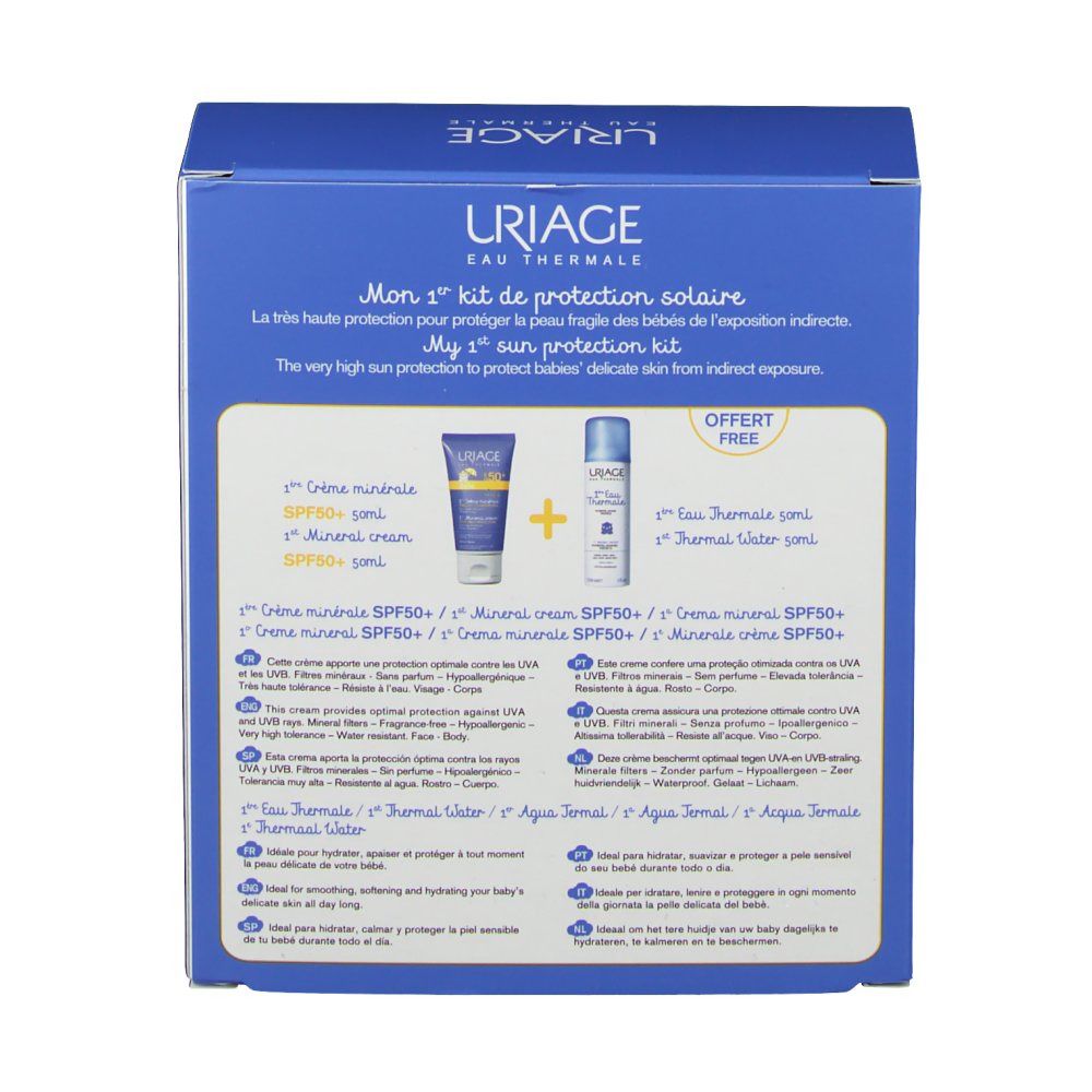 Dos du coffret cadeau. Images et texte du produit en plusieurs langues. Contient crème solaire et eau thermale.