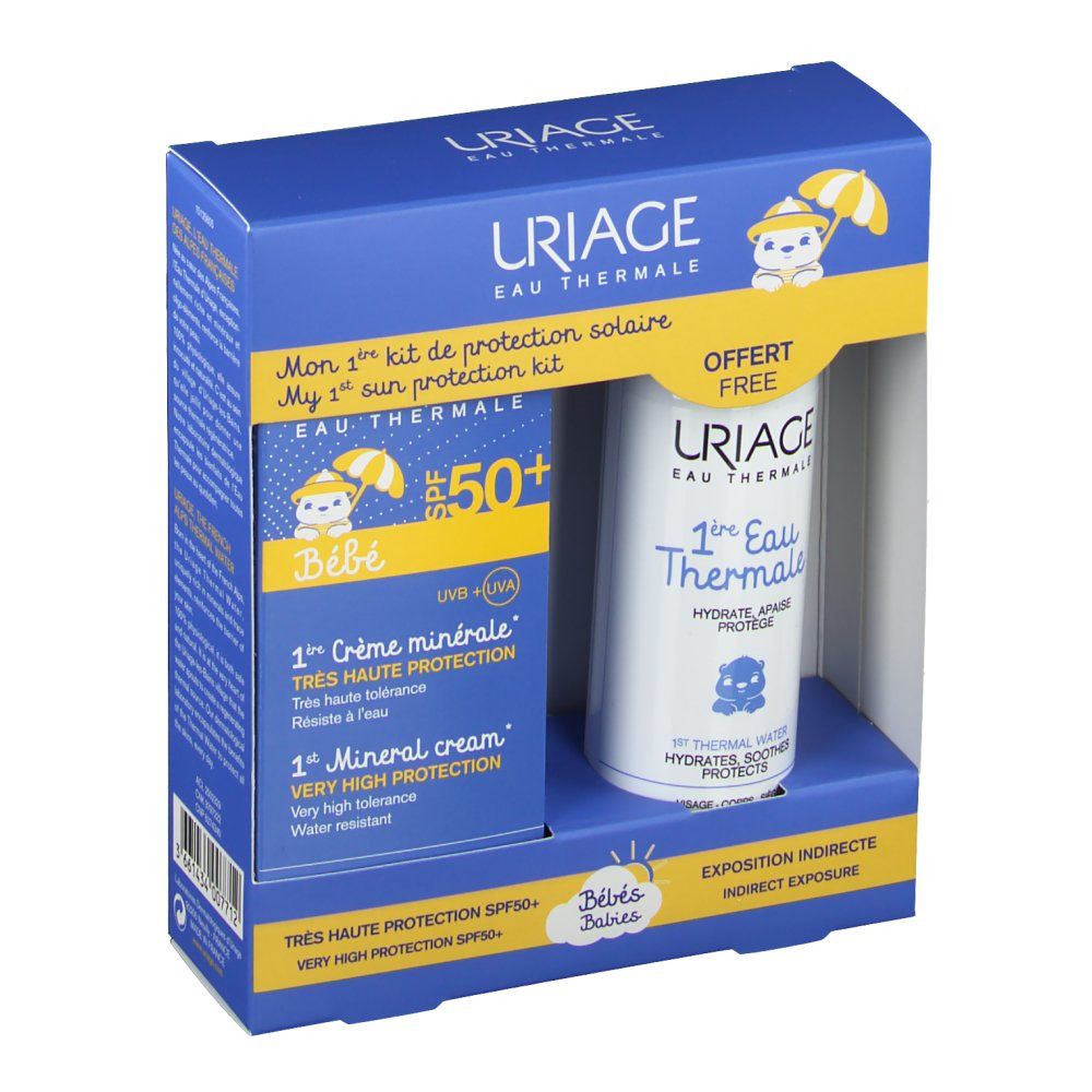 Coffret cadeau avec crème solaire SPF50+ et eau thermale. Emballage bleu avec nom et logo du produit. Autocollant "Gratuit".