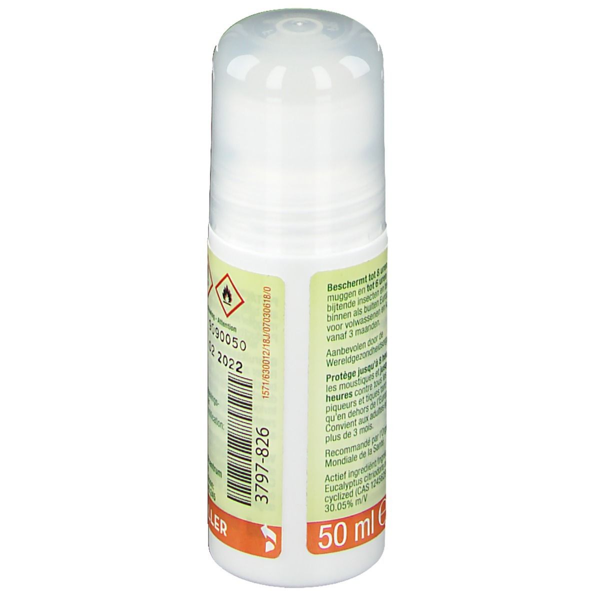 Roll-on blanc avec étiquettes. Texte et avertissements. Inscription : ROLLER. Contenu : 50 ml.