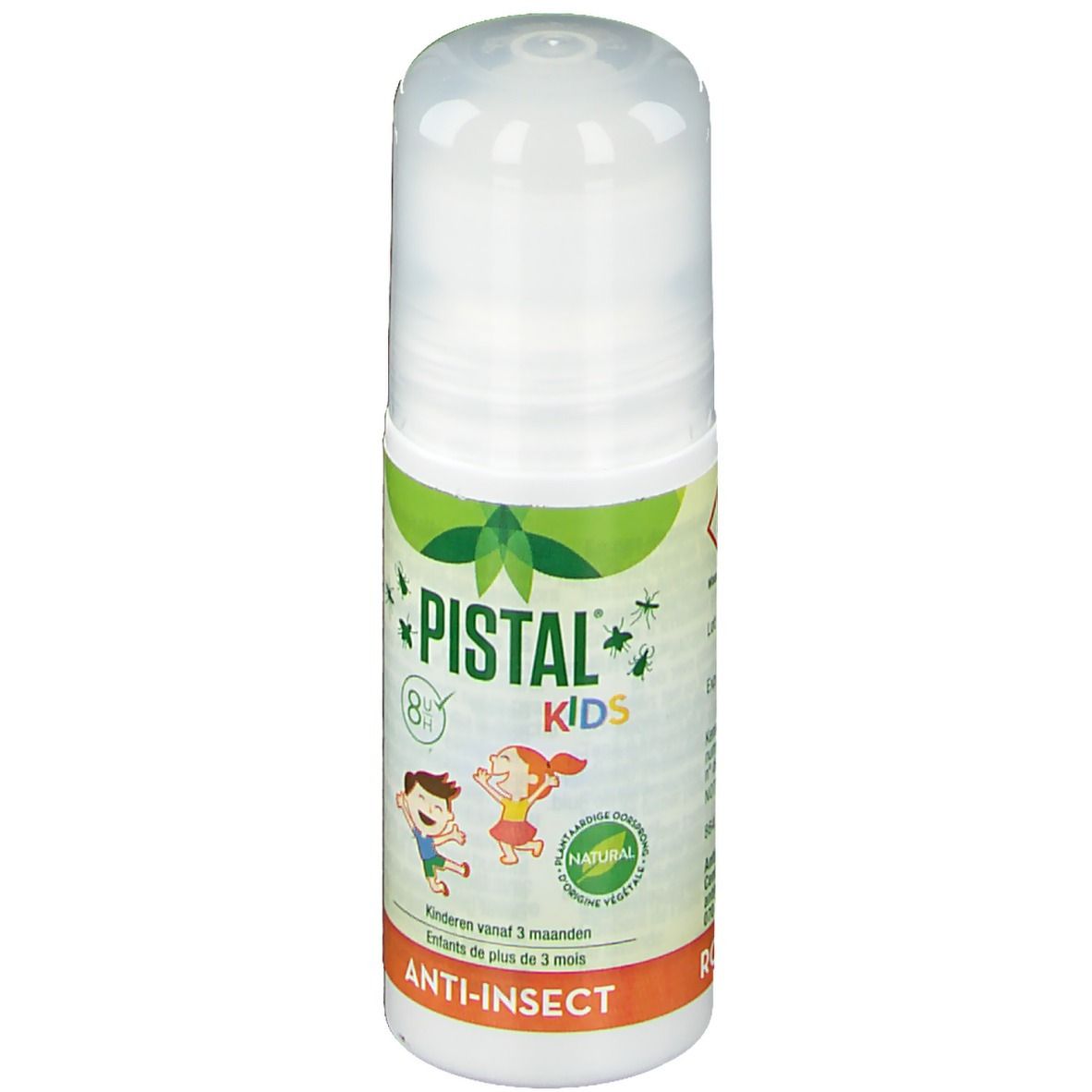 Roll-on blanc avec étiquettes vertes et orange. Inscription : PISTAL KIDS, Anti-Insect. Illustration d'enfants.