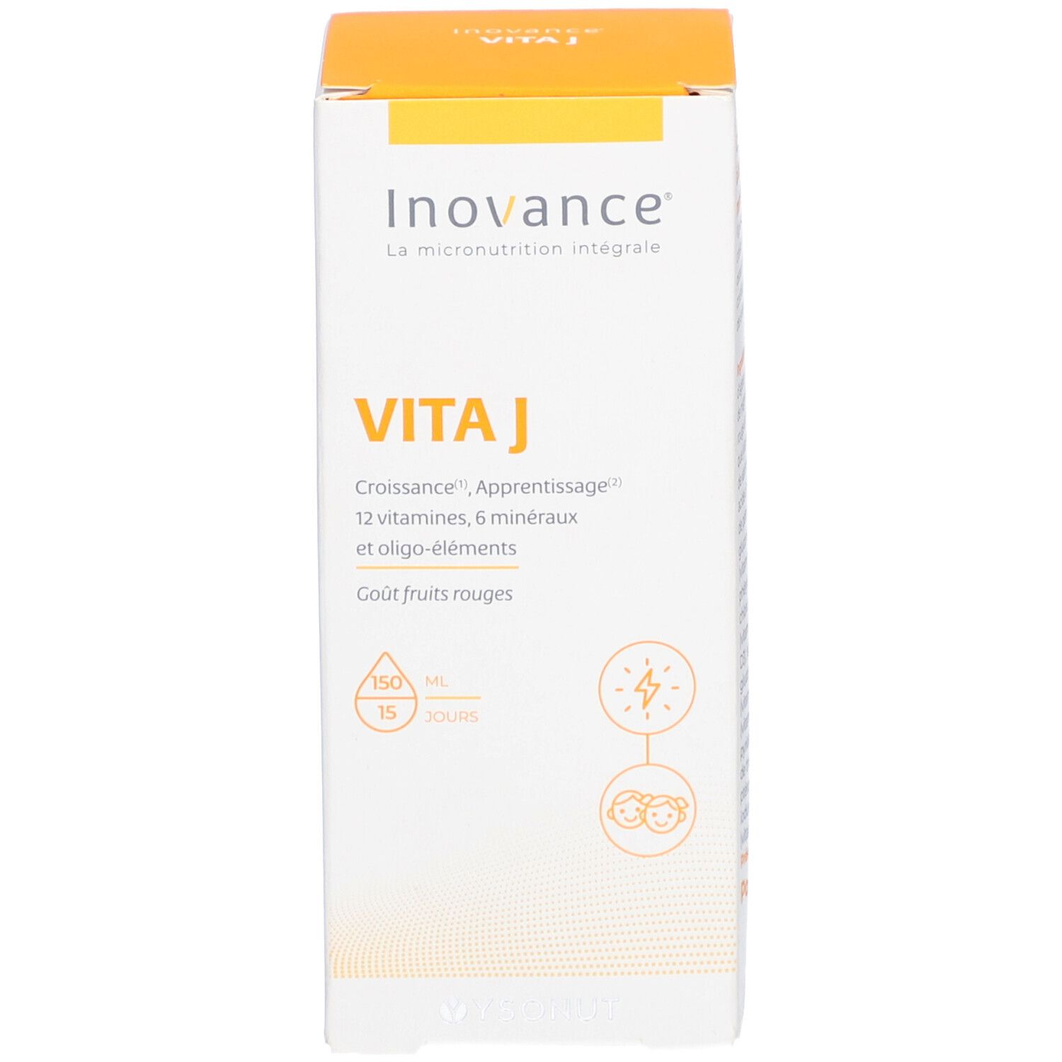 Boîte VITA J. Inscription : croissance, développement cognitif. Fond rouge et blanc. Marque : Inovance.