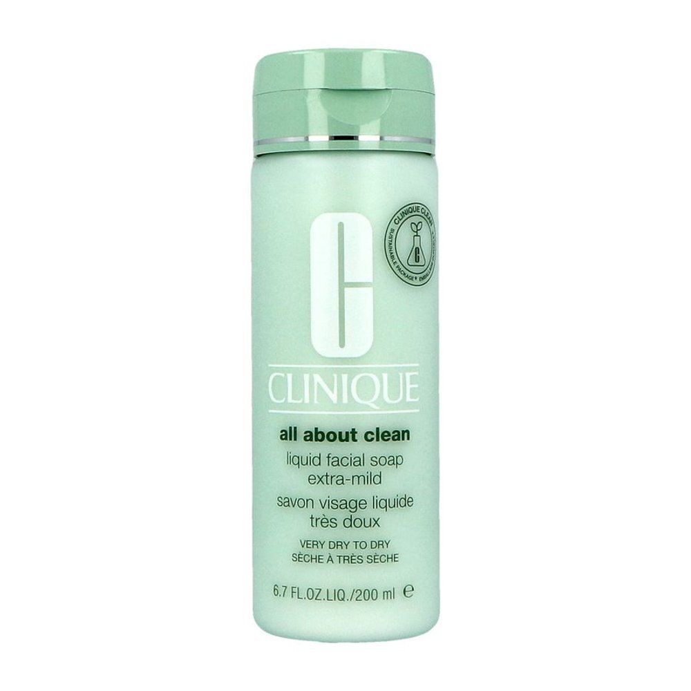 Lichtgroene fles met klapdeksel. Opschrift: CLINIQUE all about clean liquid facial soap extra-mild. Met logo.