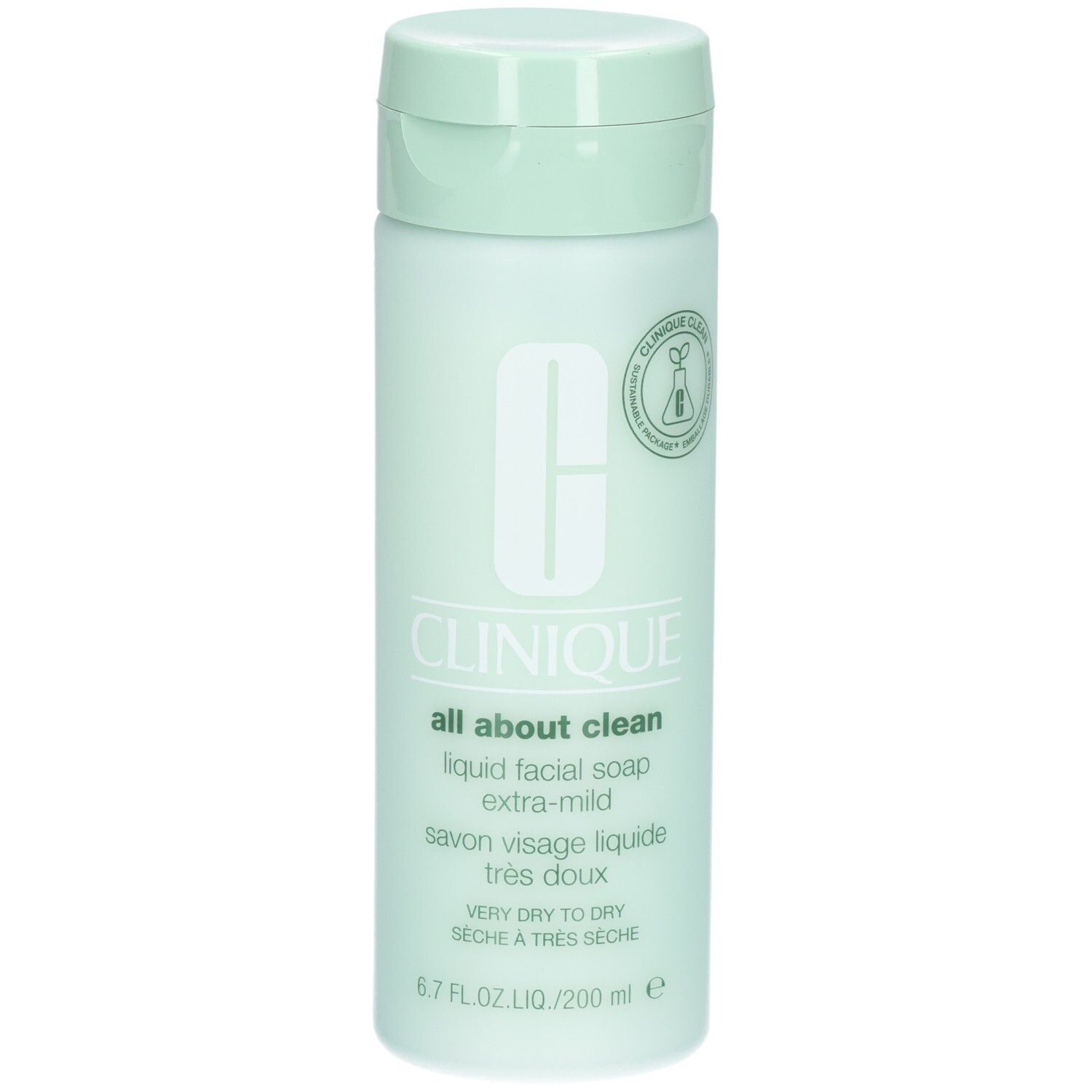 Flacon vert clair avec bouchon rabattable. Inscription : CLINIQUE all about clean liquid facial soap extra-mild. Avec logo.