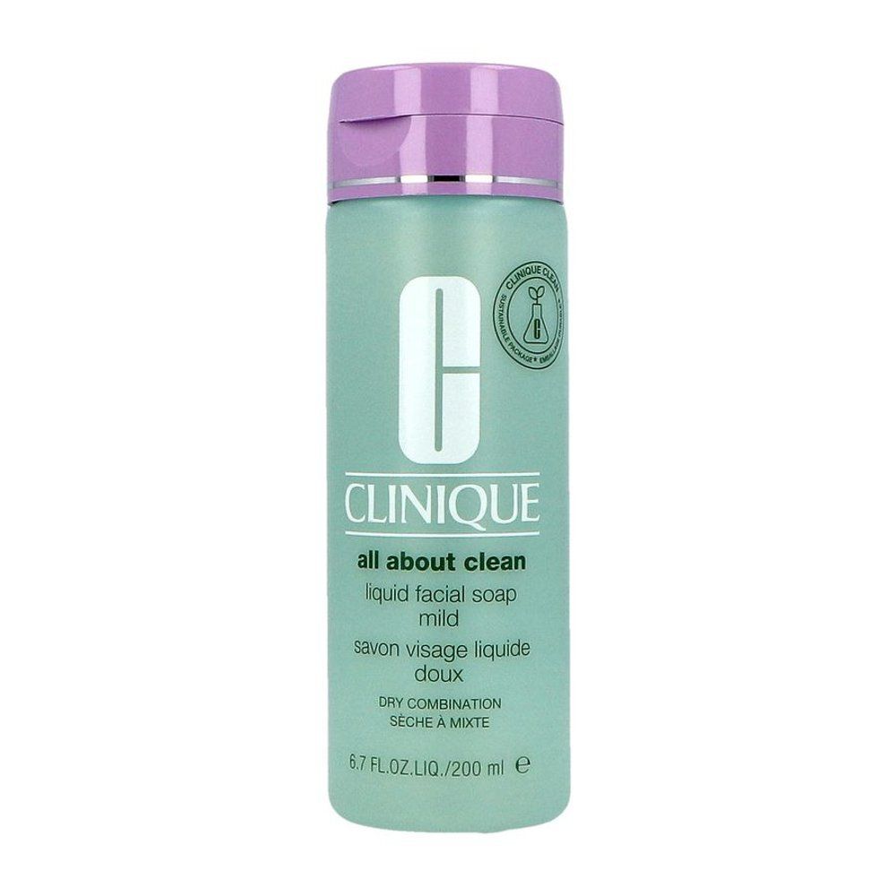 Flacon vert et bouchon lilas. Inscription: CLINIQUE all about clean liquid facial soap mild. Pour peaux sèches à mixtes.