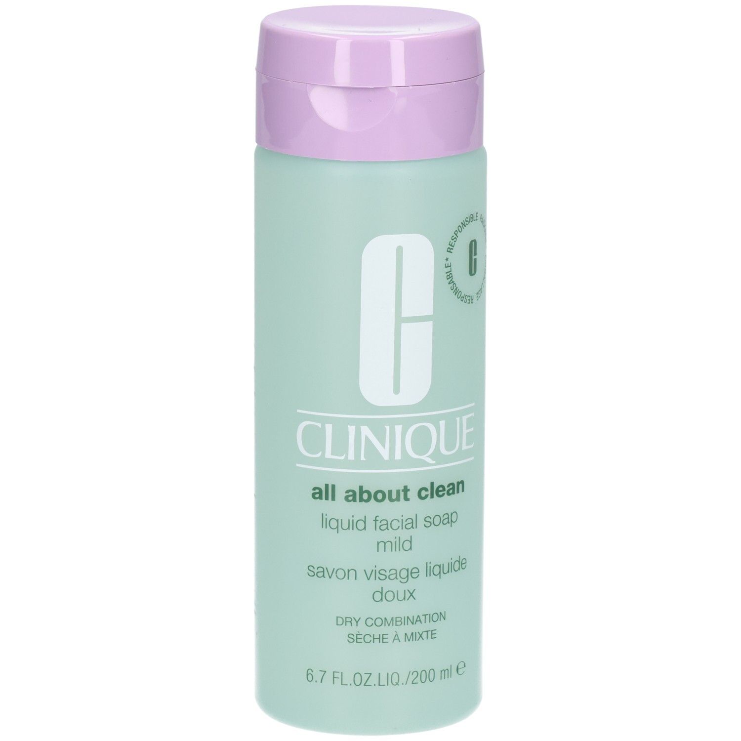 Groene fles met paarse dop. Opschrift: CLINIQUE all about clean liquid facial soap mild. Voor droge tot gemengde huid.