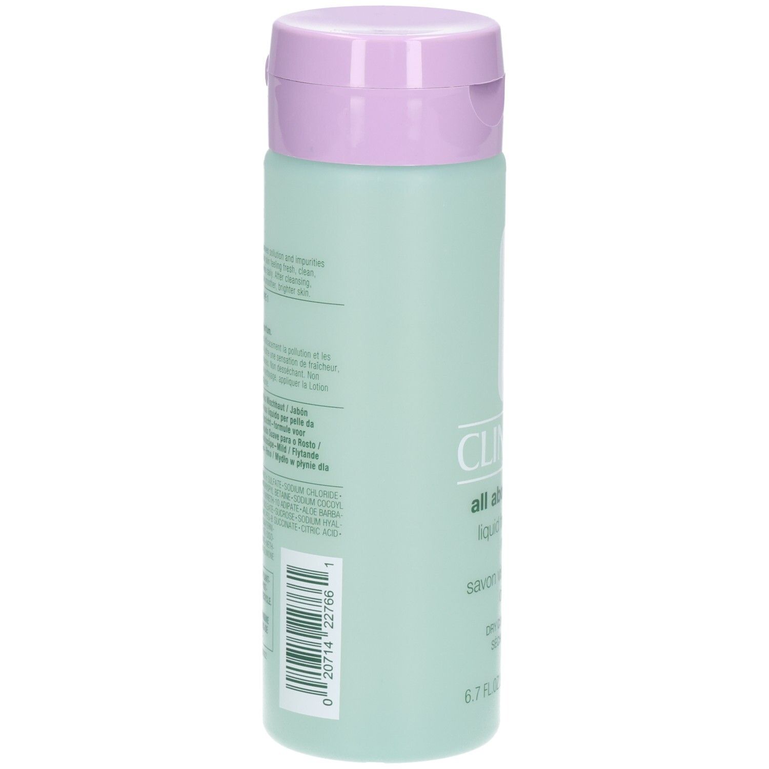 Achterkant van de groene fles met paarse dop. Tekst in meerdere talen. Bevat productinformatie.