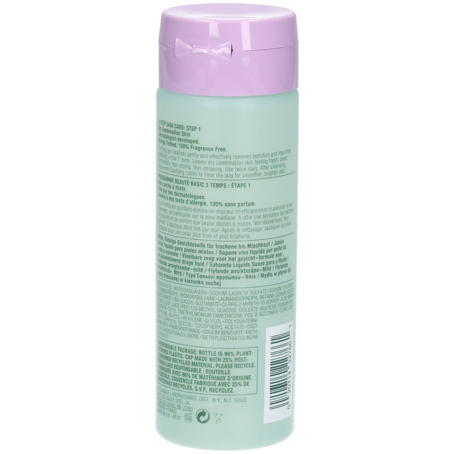 Achterkant van de groene fles met paarse dop. Tekst in meerdere talen. Bevat productinformatie.