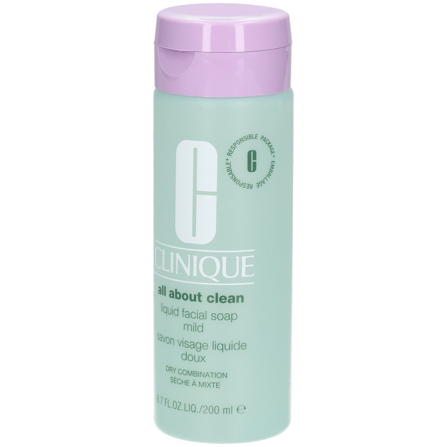 Groene fles met paarse dop. Opschrift: CLINIQUE all about clean liquid facial soap mild. Voor droge tot gemengde huid.