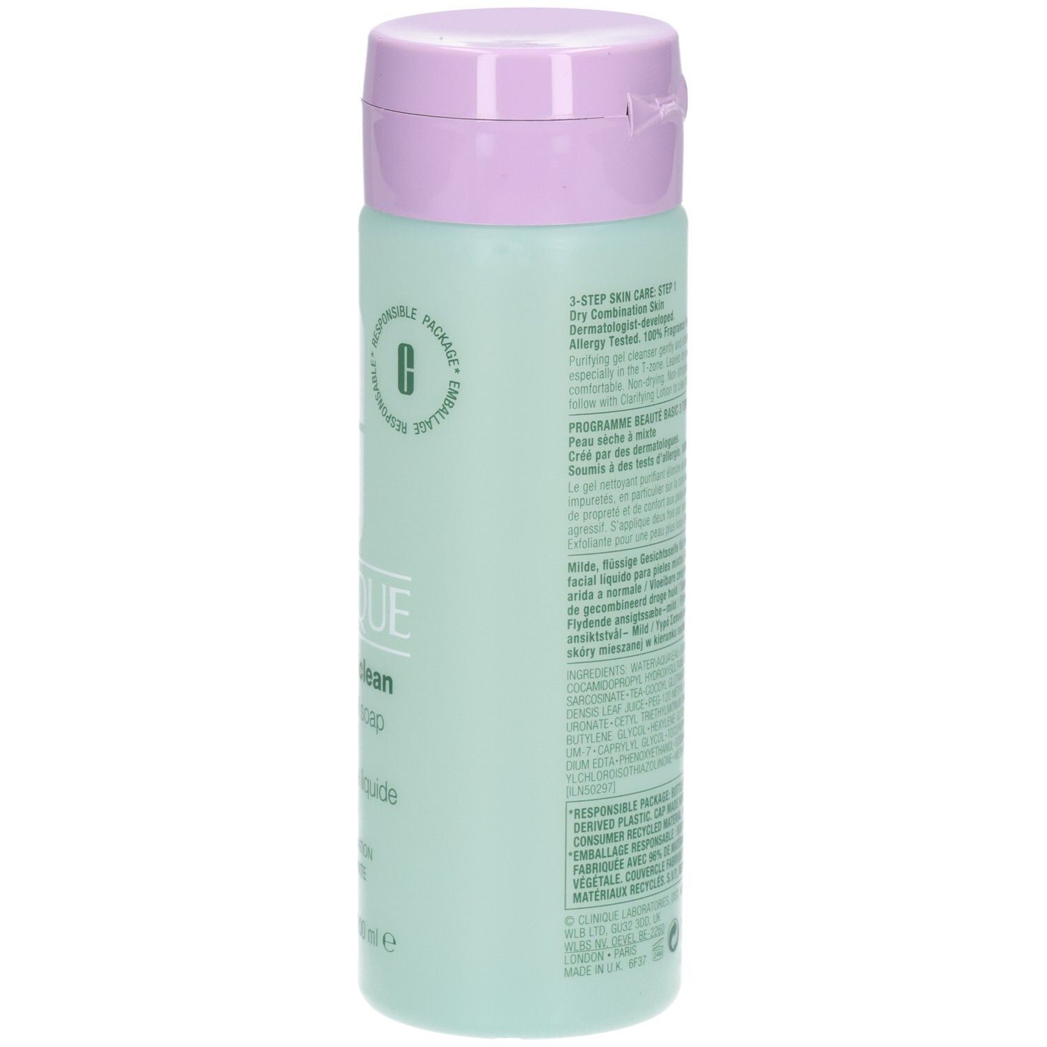 Groene fles met paarse dop. Opschrift: CLINIQUE all about clean liquid facial soap mild. Voor droge tot gemengde huid.