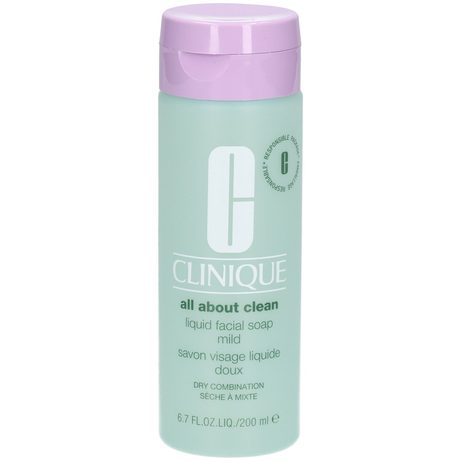 Groene fles met paarse dop. Opschrift: CLINIQUE all about clean liquid facial soap mild. Voor droge tot gemengde huid.