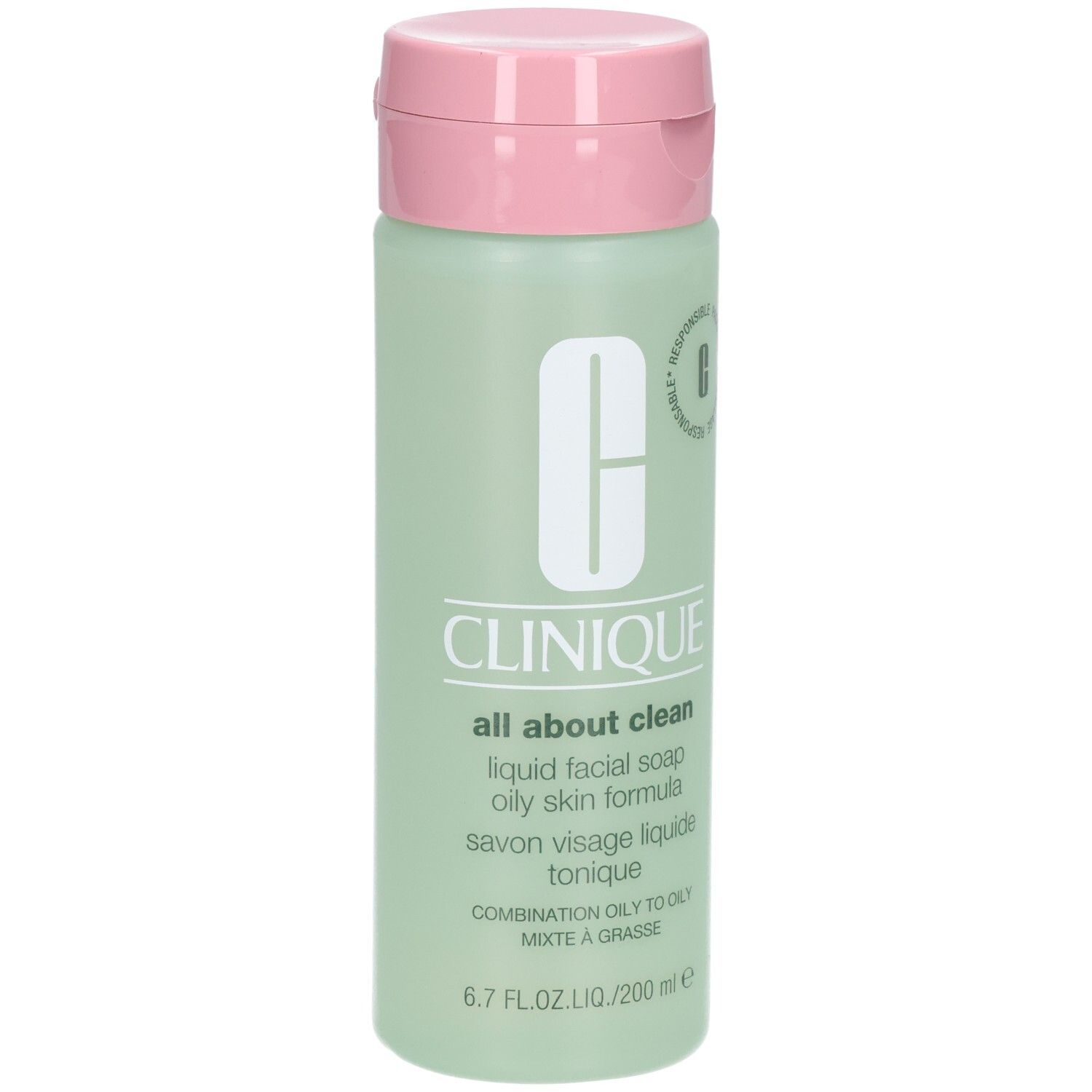 Flacon vert, bouchon rose. Inscription: CLINIQUE all about clean liquid facial soap oily skin formula.