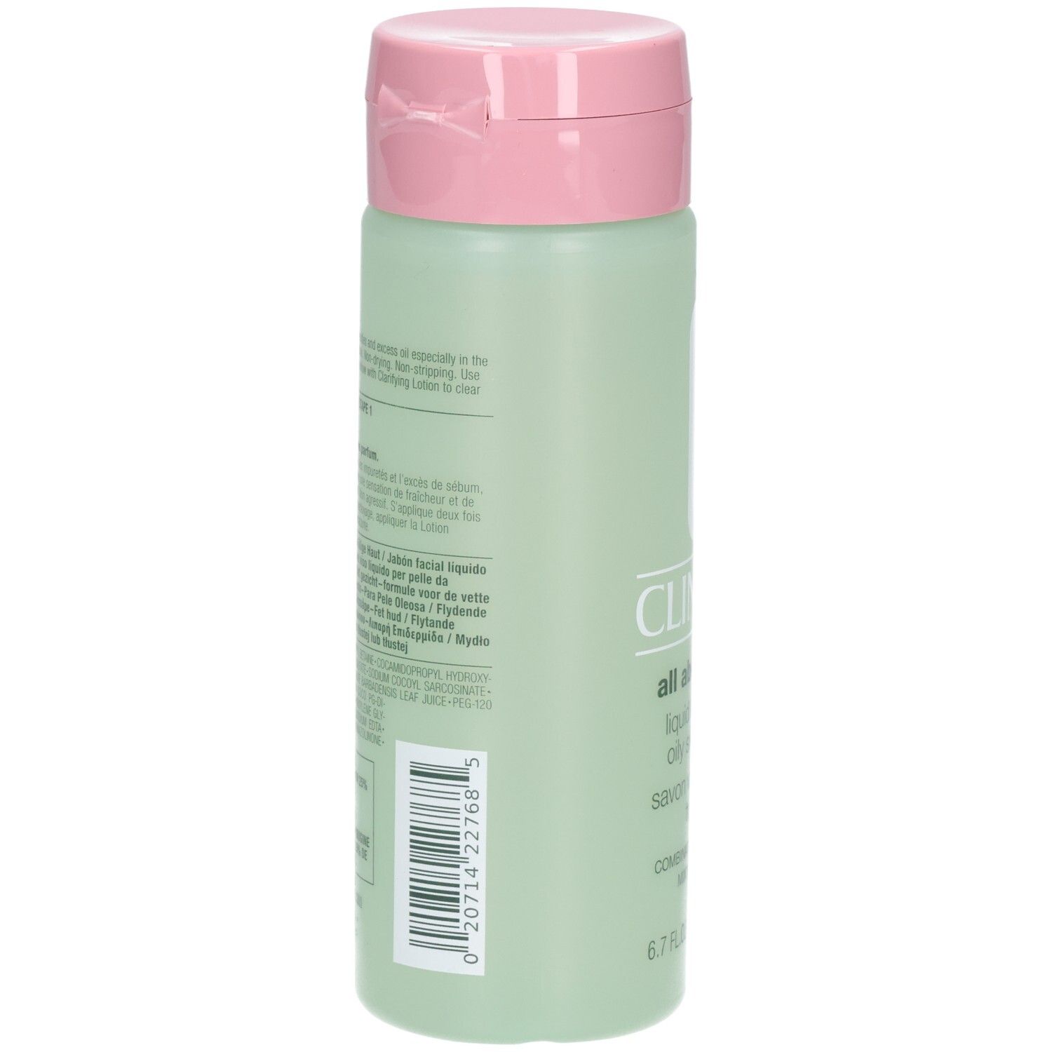 Dos du flacon vert, bouchon rose. Code-barres et texte.