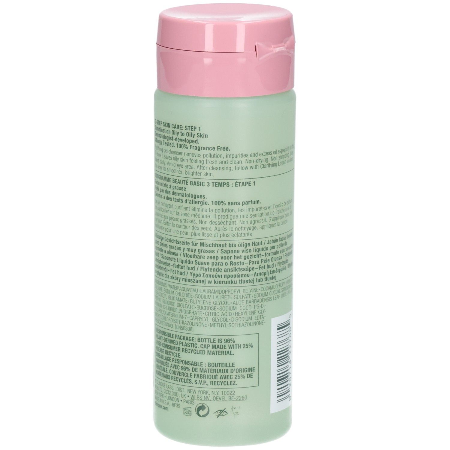 Dos du flacon vert, bouchon rose. Texte en plusieurs langues.