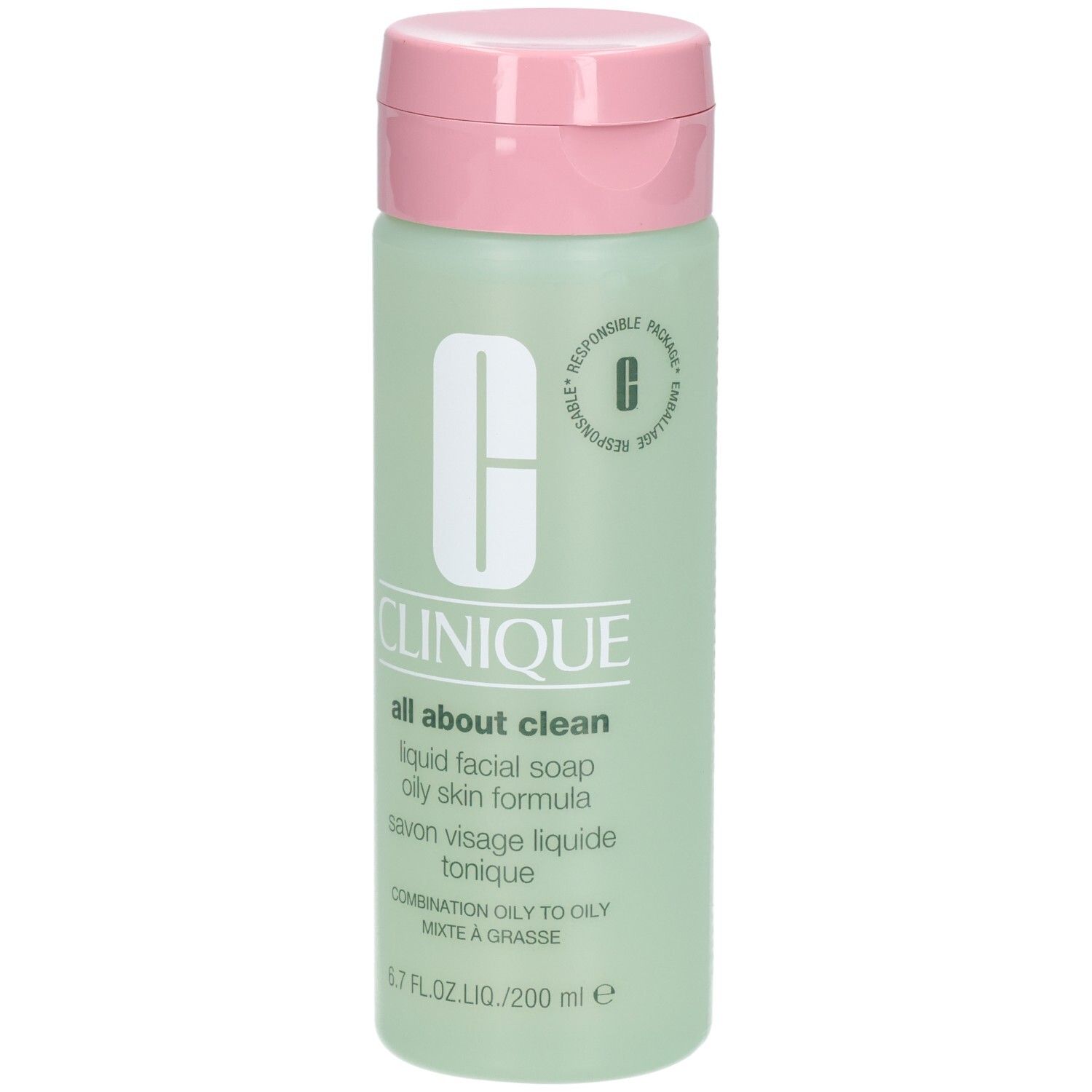Flacon vert, bouchon rose. Inscription: CLINIQUE all about clean liquid facial soap oily skin formula.