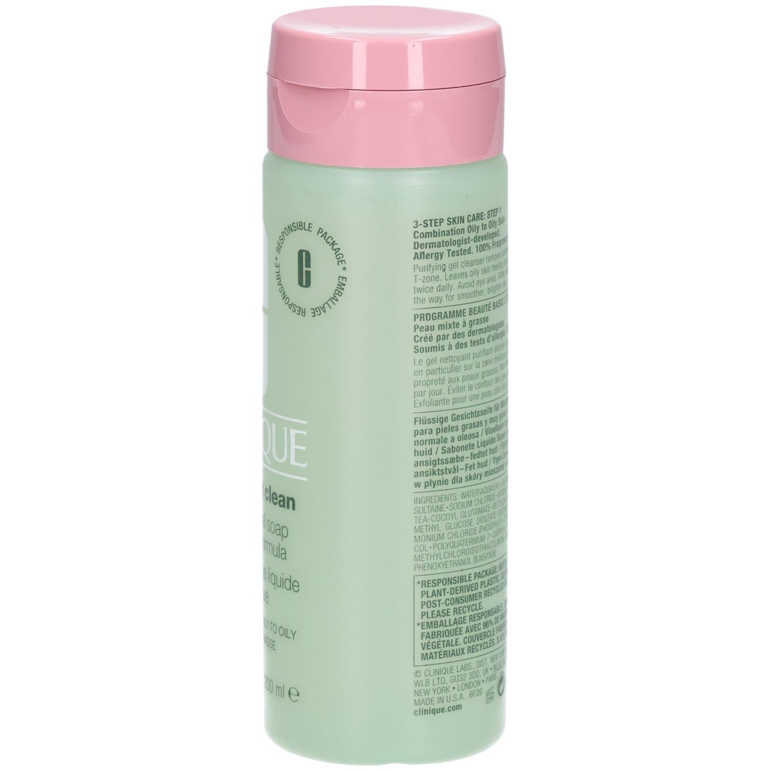 Dos du flacon vert, bouchon rose. Texte en plusieurs langues.
