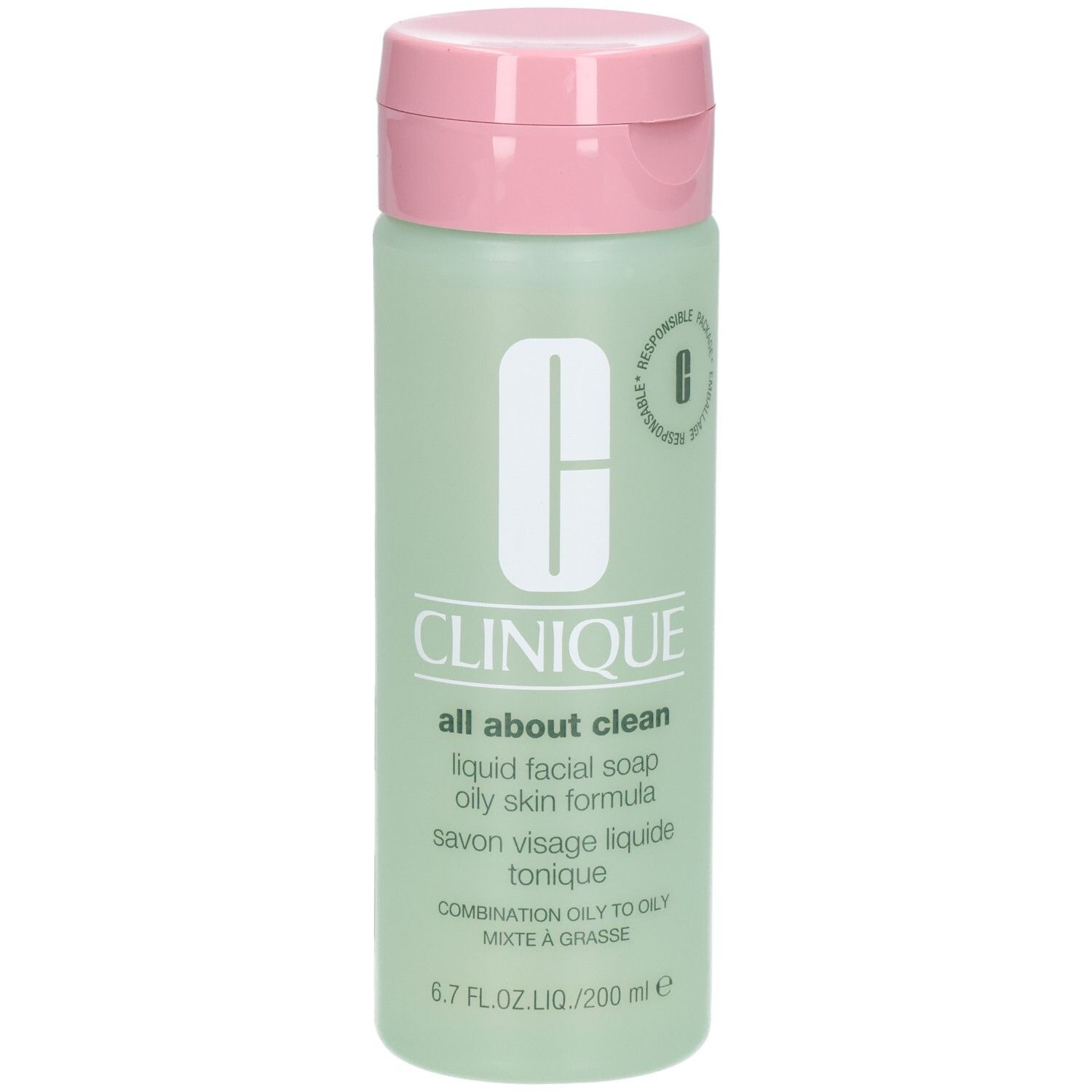 Flacon vert, bouchon rose. Inscription: CLINIQUE all about clean liquid facial soap oily skin formula.