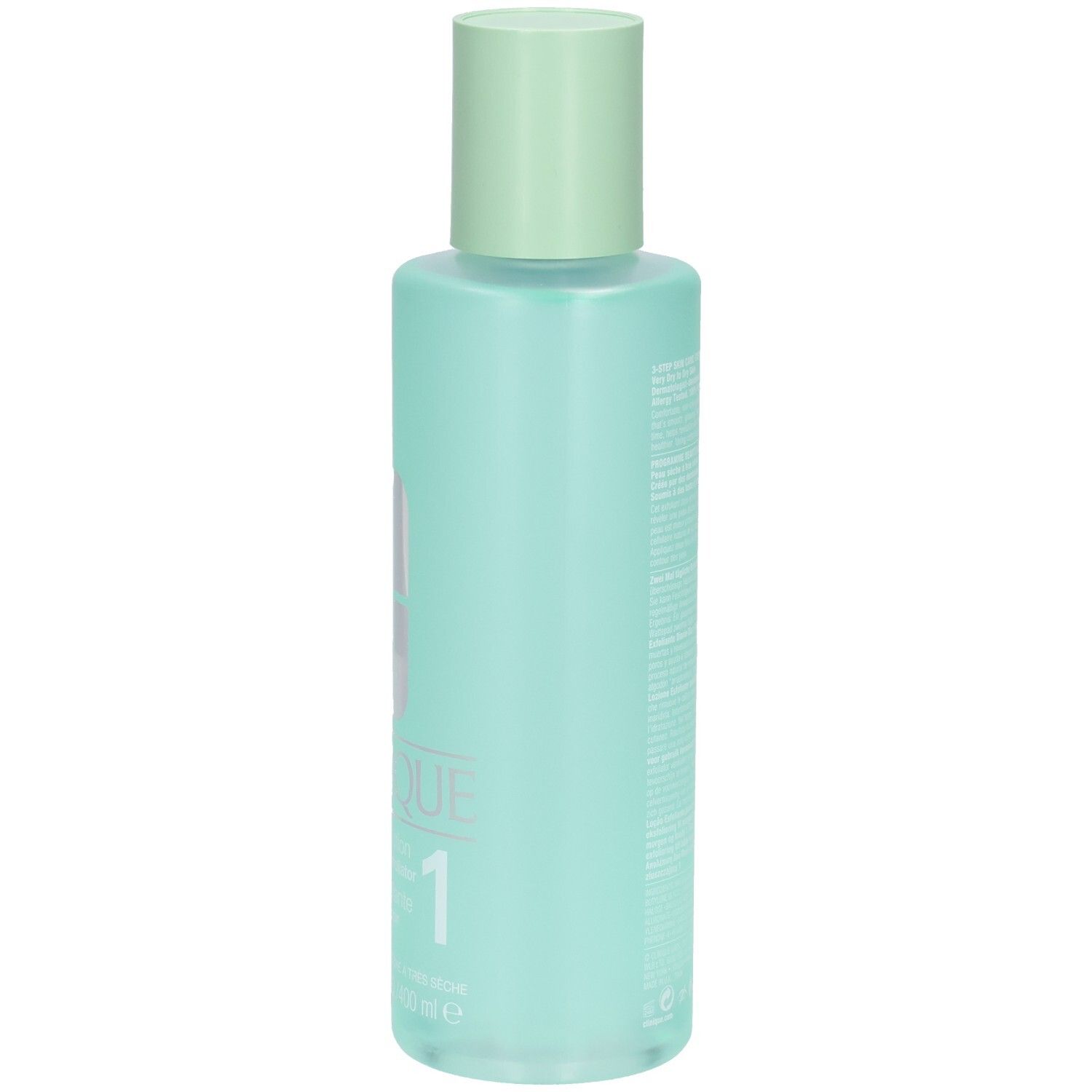 Côté de la bouteille Clinique Clarifying Lotion 1 avec informations produit. 400 ml.