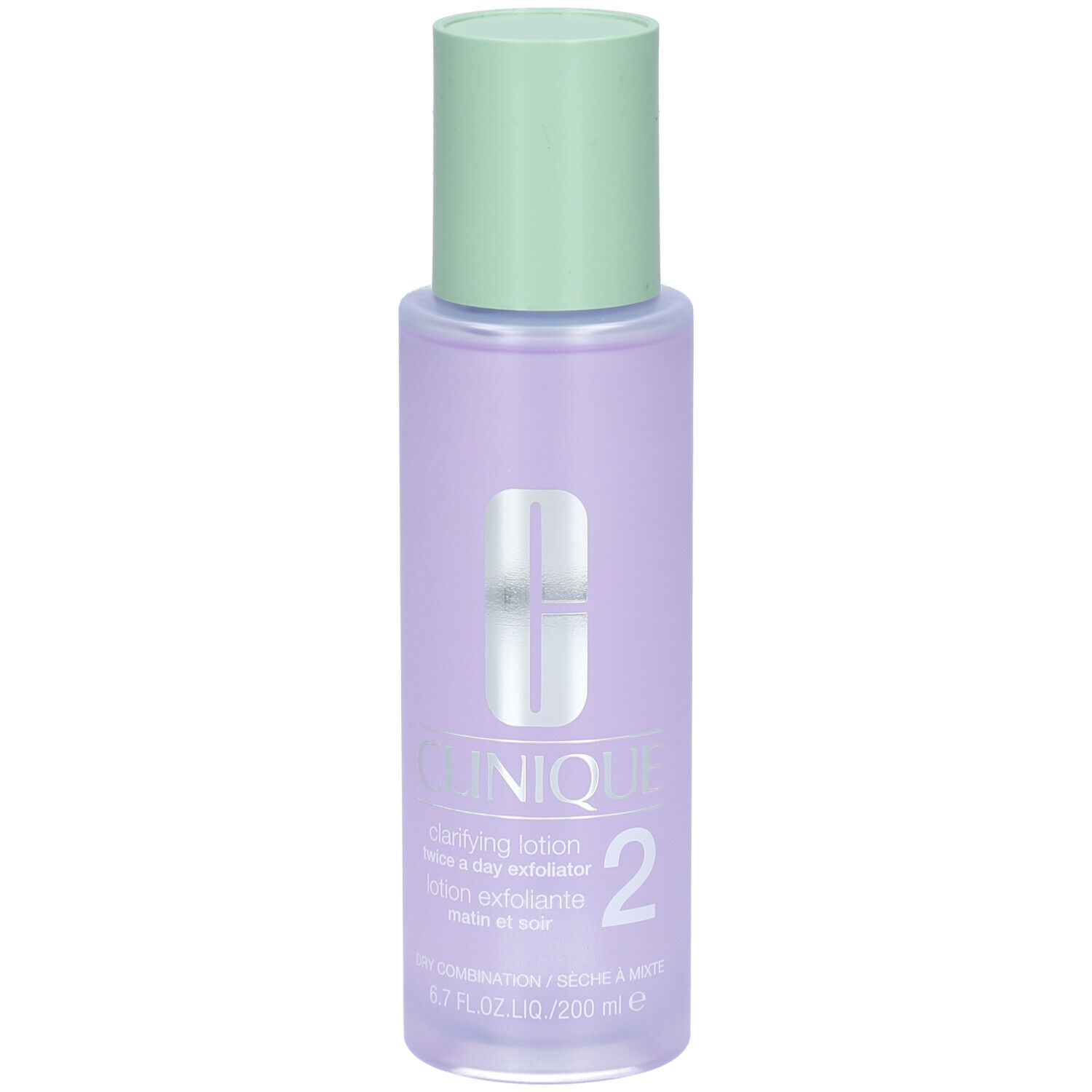 Fles Clinique Lotion clarifiante Step-2. Groene dop, paarse vloeistof, wit etiket en logo.