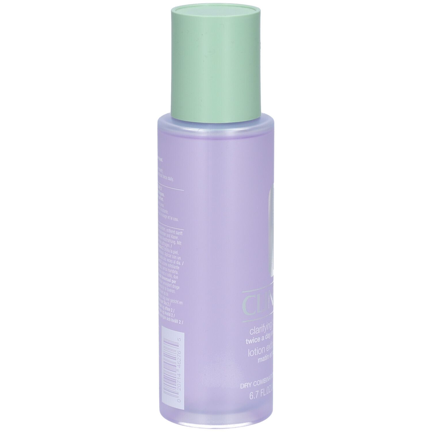 Achterkant van de fles Clinique Lotion clarifiante Step-2. Tekst op wit etiket, groene dop.