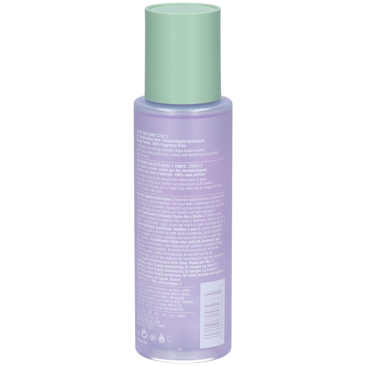 Achterkant van de fles Clinique Lotion clarifiante Step-2. Tekst op wit etiket, groene dop.