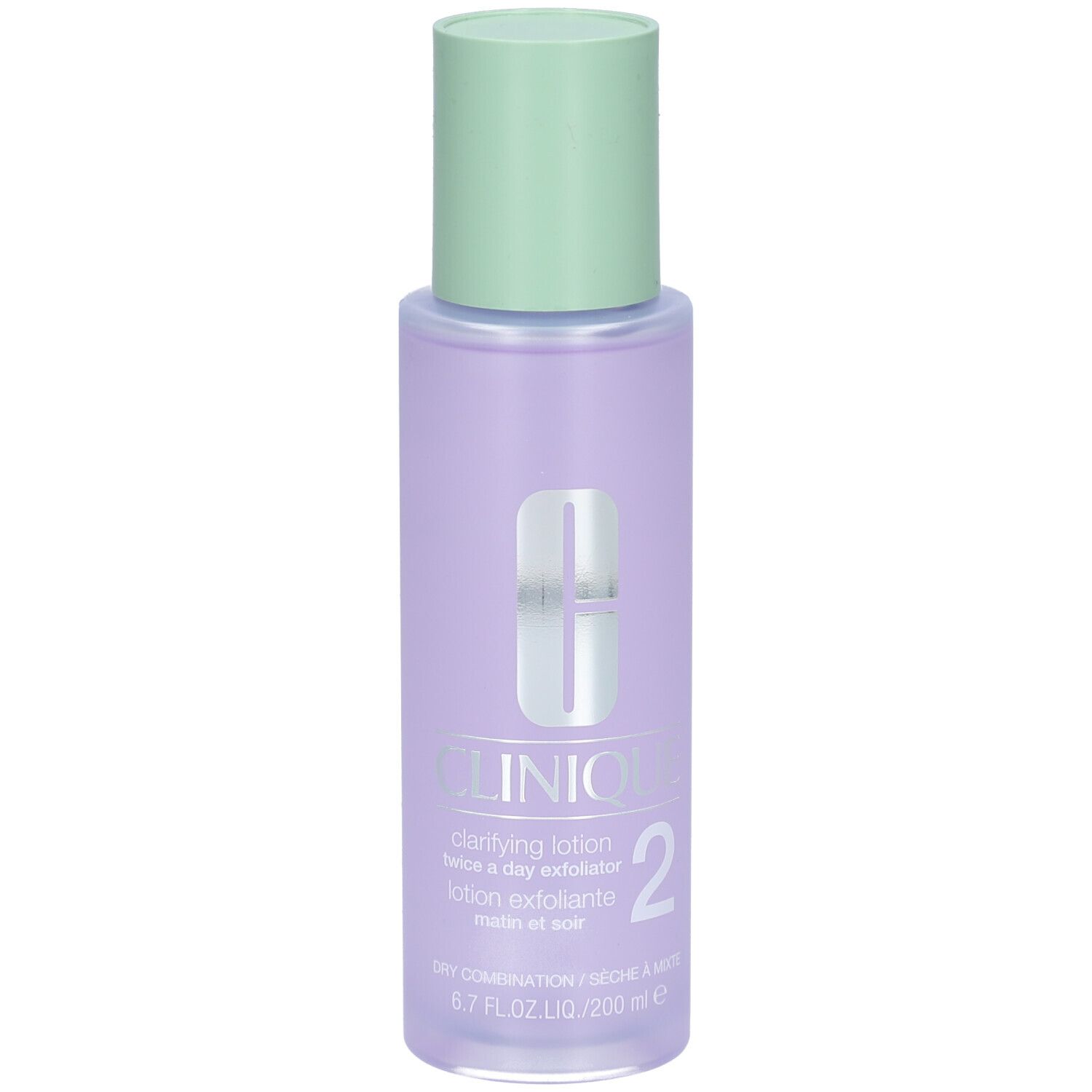 Fles Clinique Lotion clarifiante Step-2. Groene dop, paarse vloeistof, wit etiket en logo.