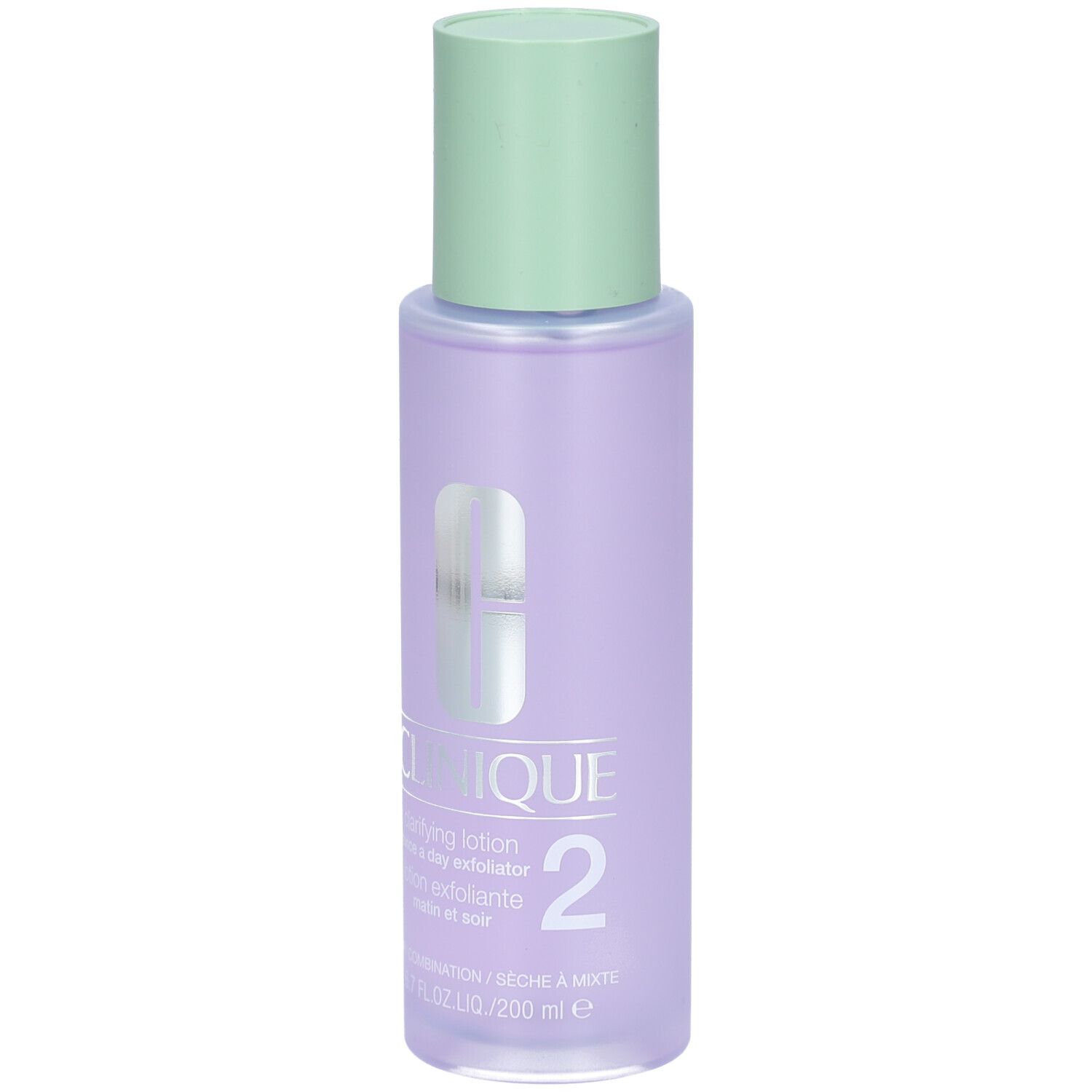 Fles Clinique Lotion clarifiante Step-2. Groene dop, paarse vloeistof, wit etiket en logo.