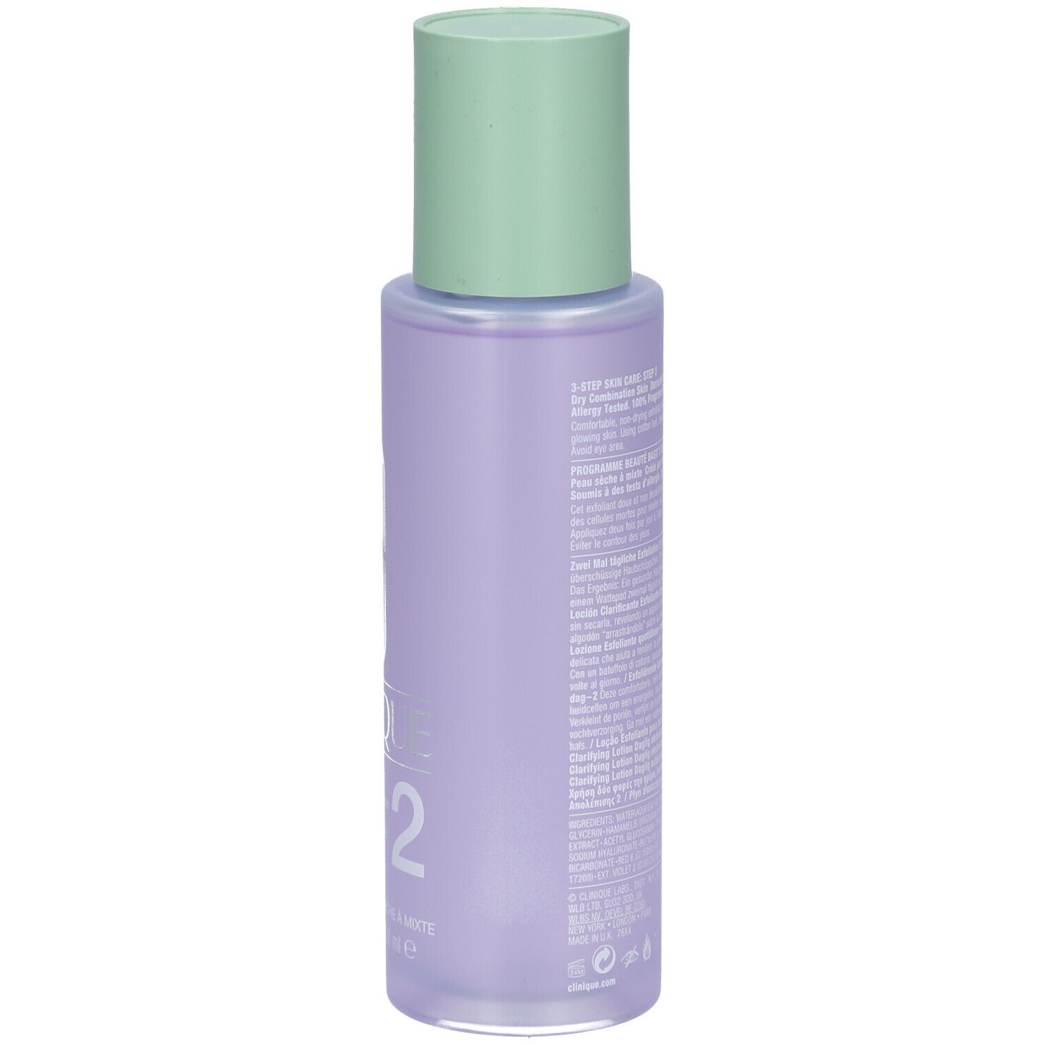 Achterkant van de fles Clinique Lotion clarifiante Step-2. Tekst op wit etiket, groene dop.