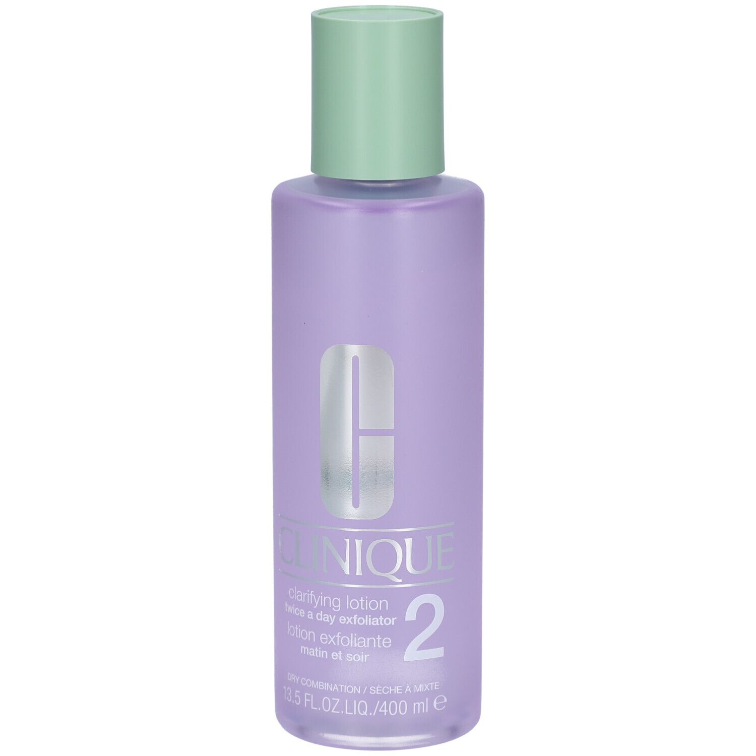 Fles Clinique Lotion clarifiante Step-2. Paarse fles met groene dop. Productnaam en nummer 2.