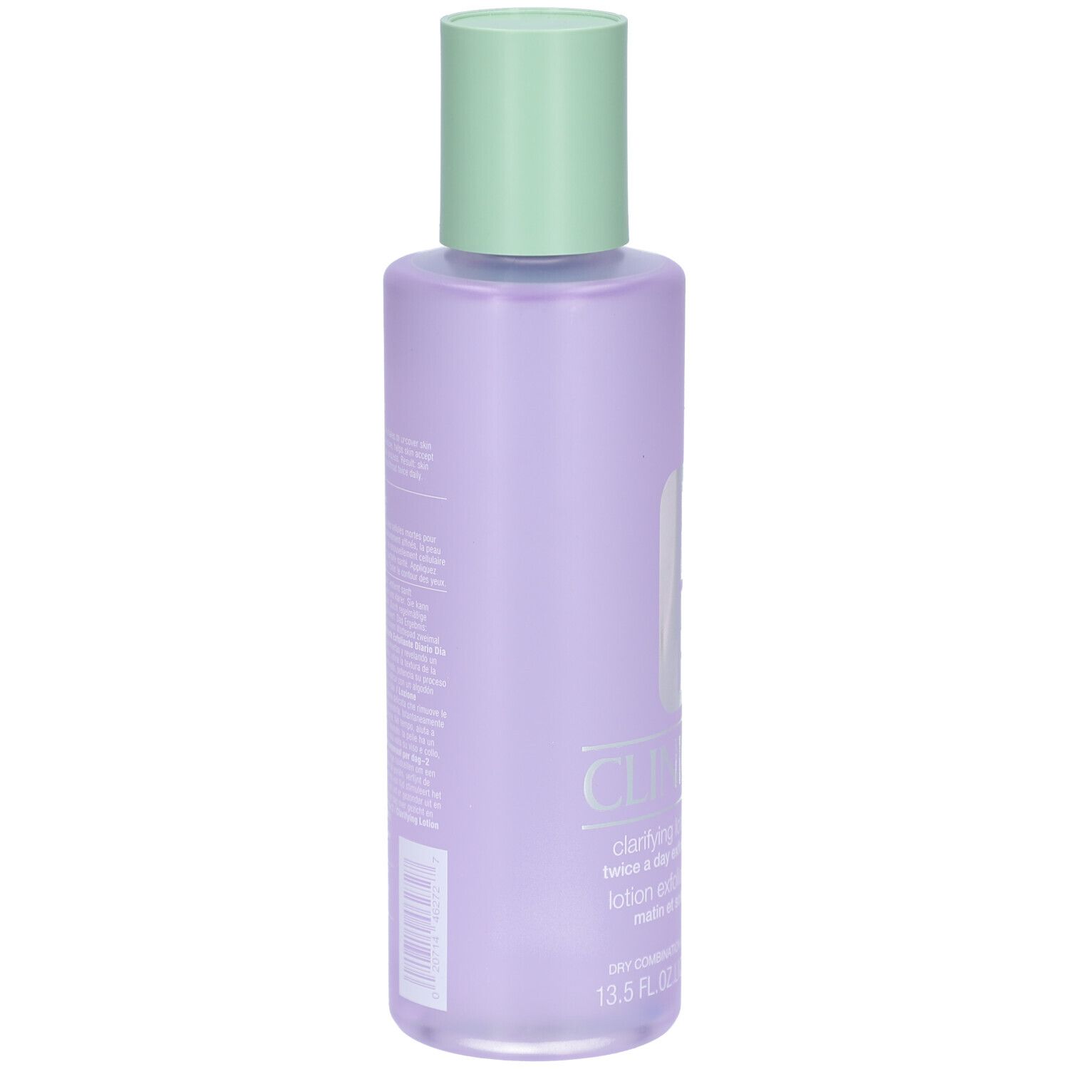 Achterkant van de fles Clinique Lotion clarifiante Step-2. Tekst op paarse fles. Groene dop.